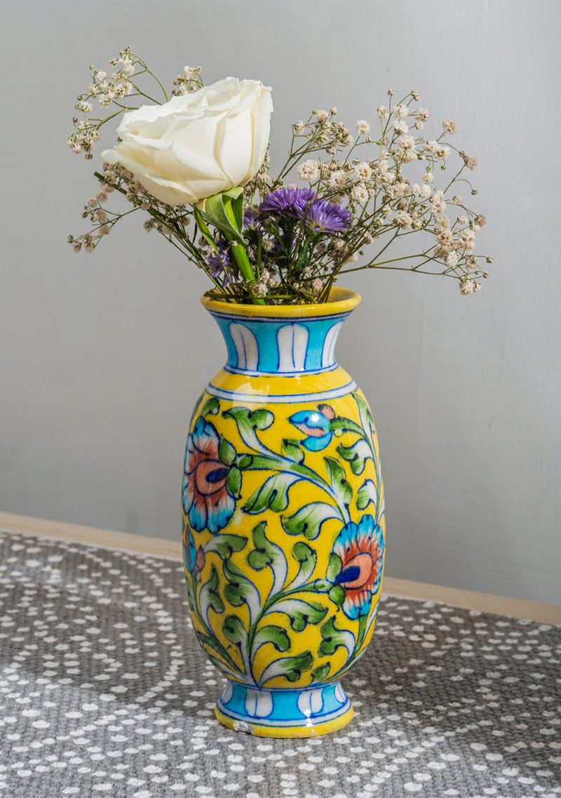 Blue Pottery Yellow Floral Vase