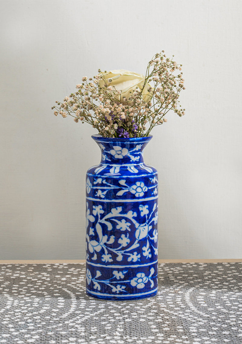 Blue Pottery White Floral Can Vase