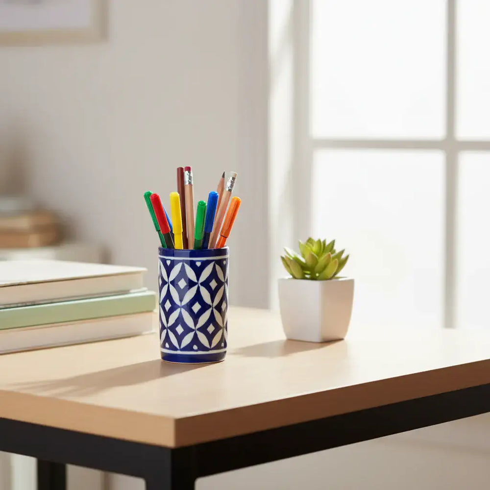 Geometric Blue Pottery Pen Stand | Contemporary Desk Organizer
