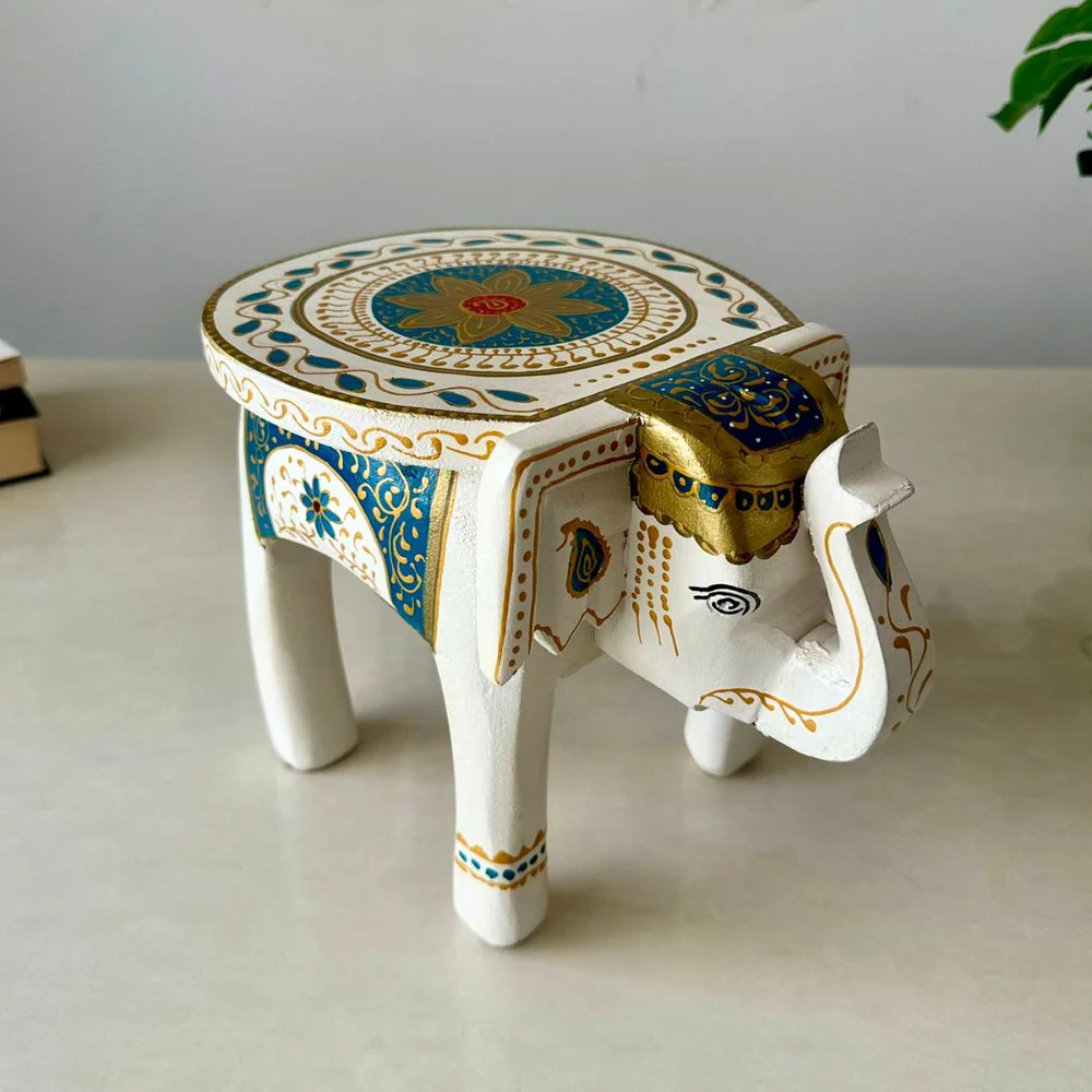 Classic White Handcrafted Wooden Elephant Stool – Rustic Handpainted Home Décor