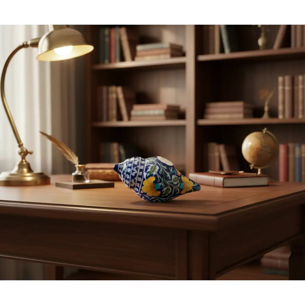 Hand-Painted Blue Pottery Shank Decor | Traditional Conch Shell Art