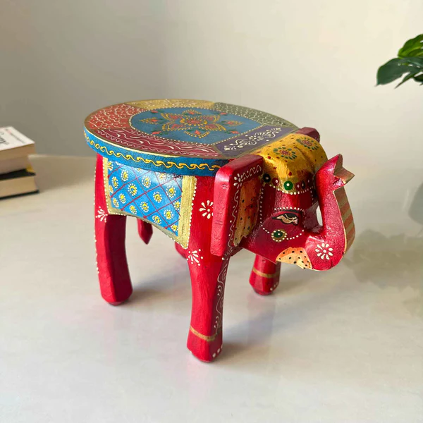 Natural Handcrafted Wooden Elephant Stool – Rustic Handpainted Home Décor