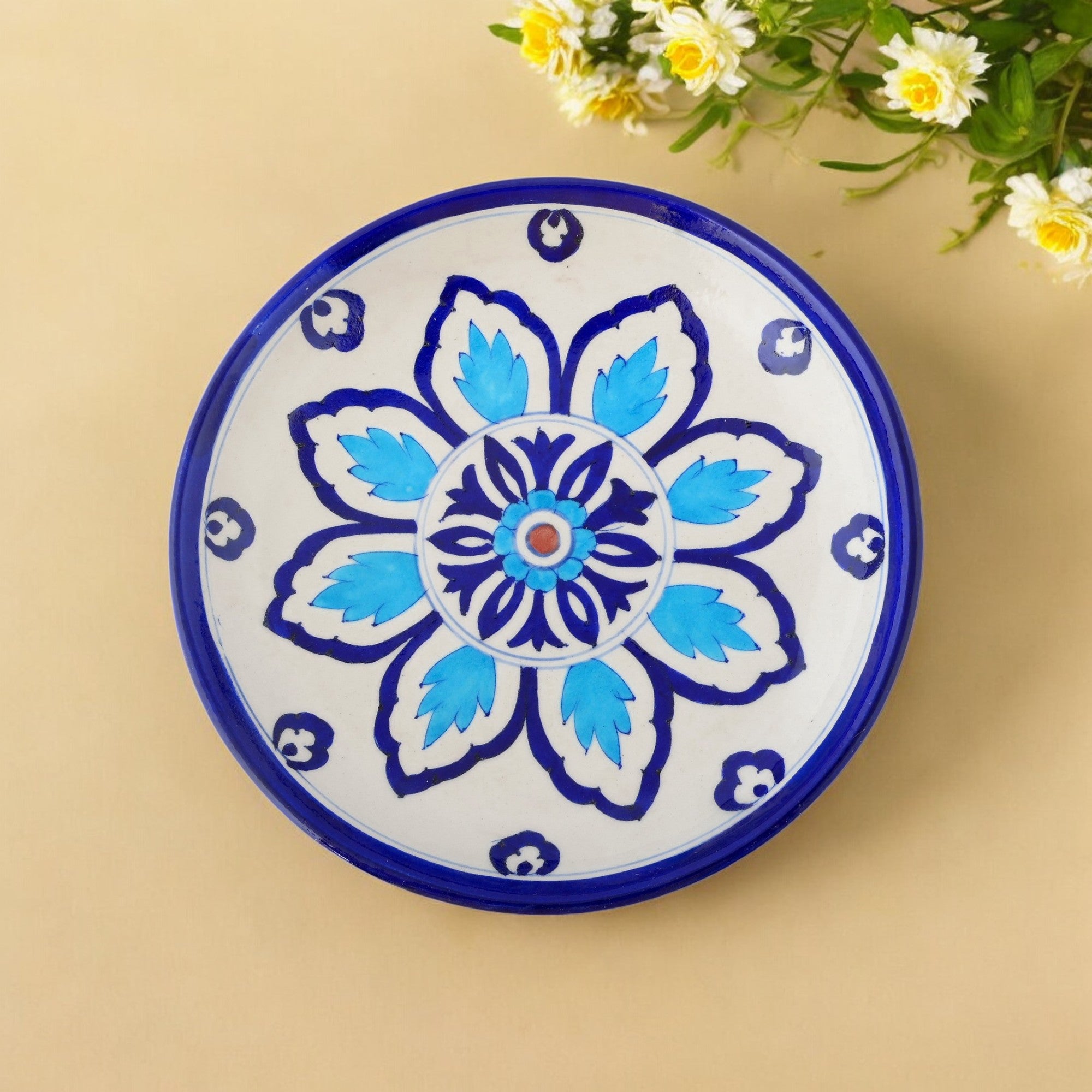 Blue Pottery Floral Pattern Decorative Plate—White & Blue—8”