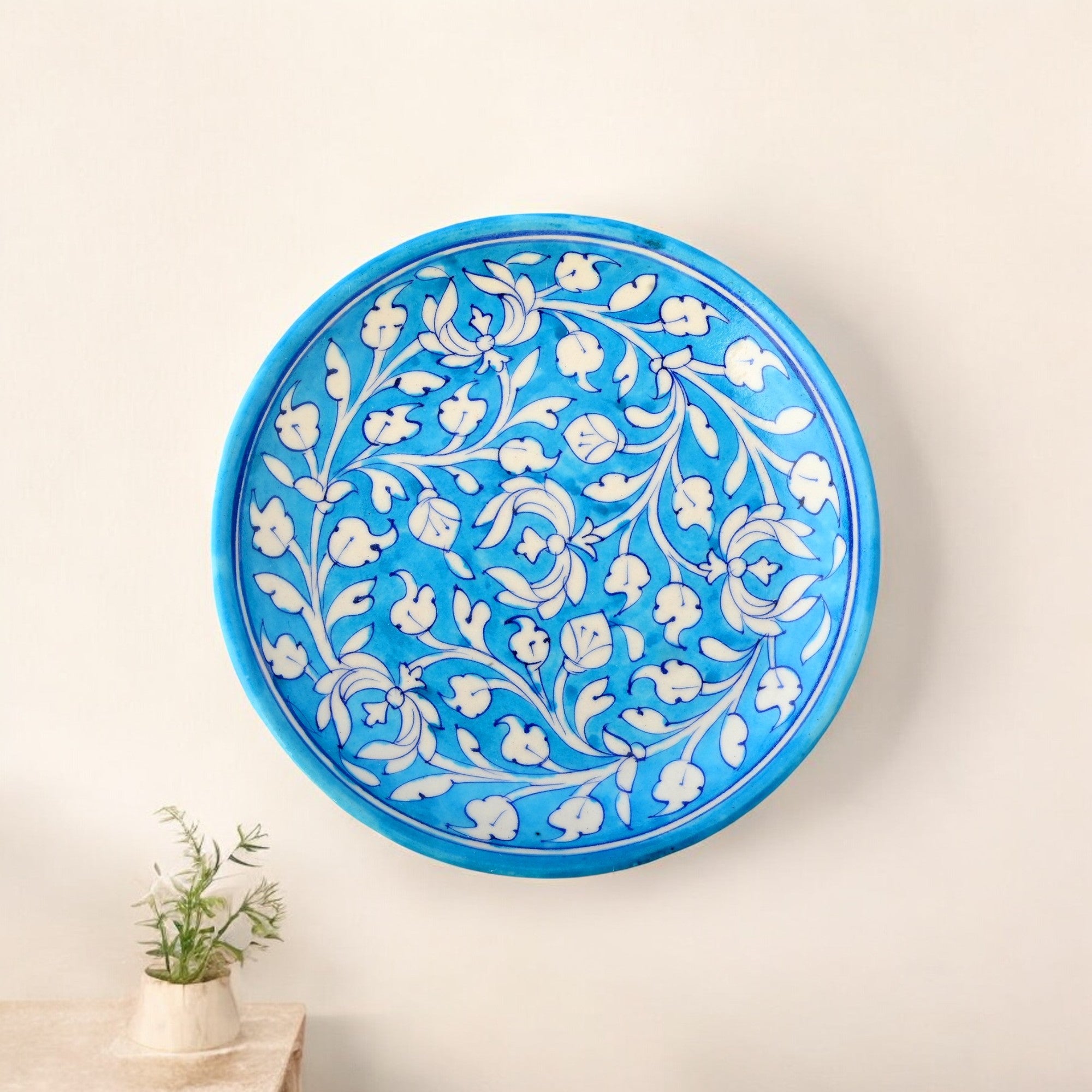 Blue Pottery Floral Pattern Decorative Plate—Turquoise Blue—8”