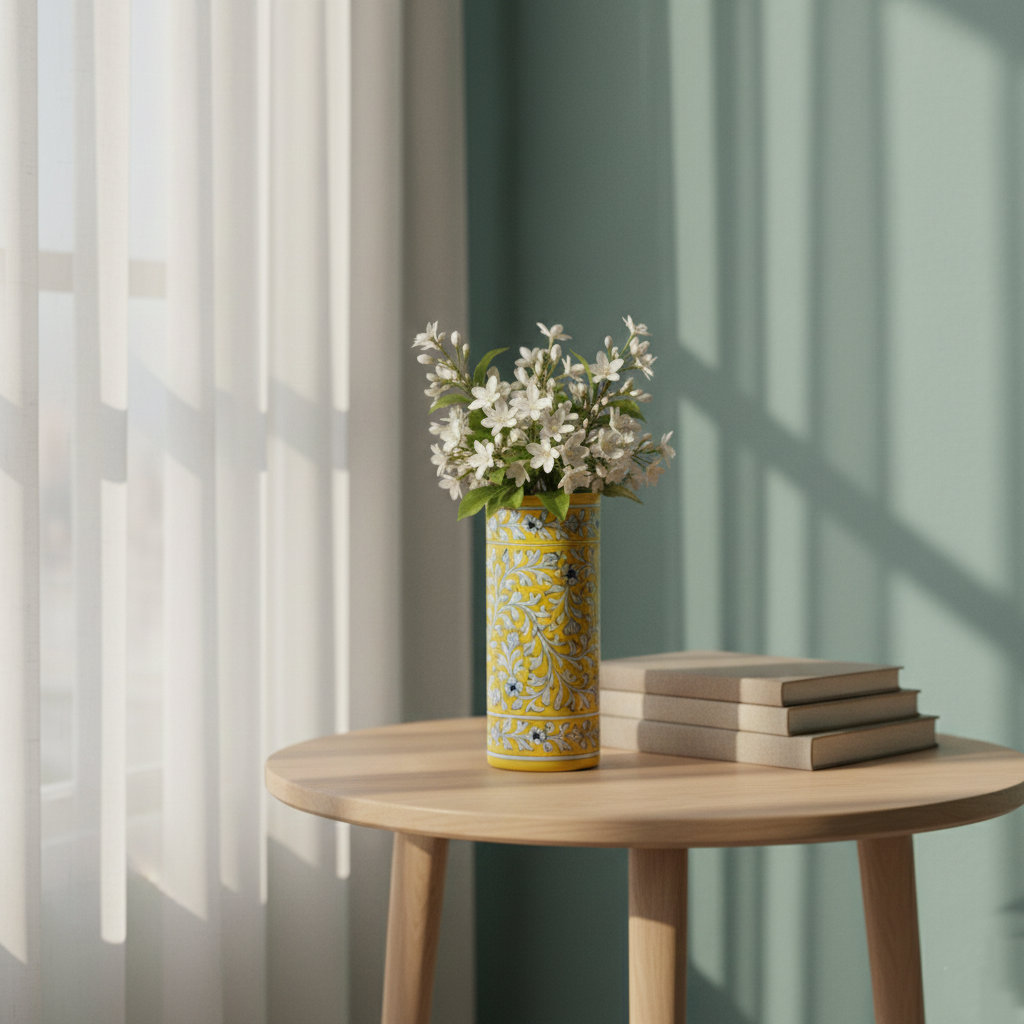 Blue Pottery Decorative Cylindrical Vase—Yellow-3