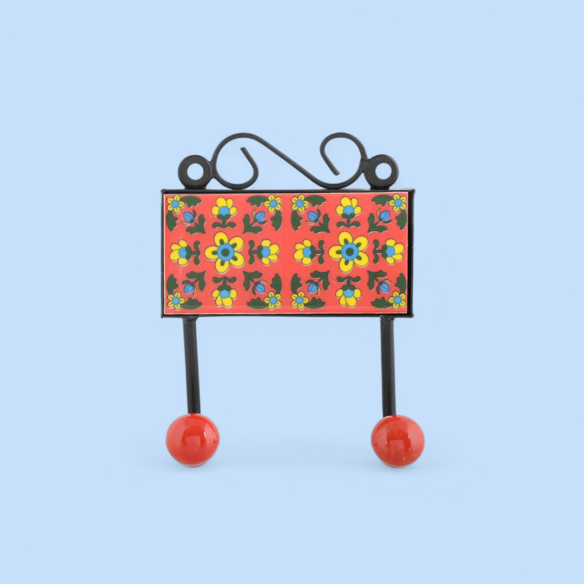 Blue Pottery Inspired Decorative Key Holder—Red—2 Hooks