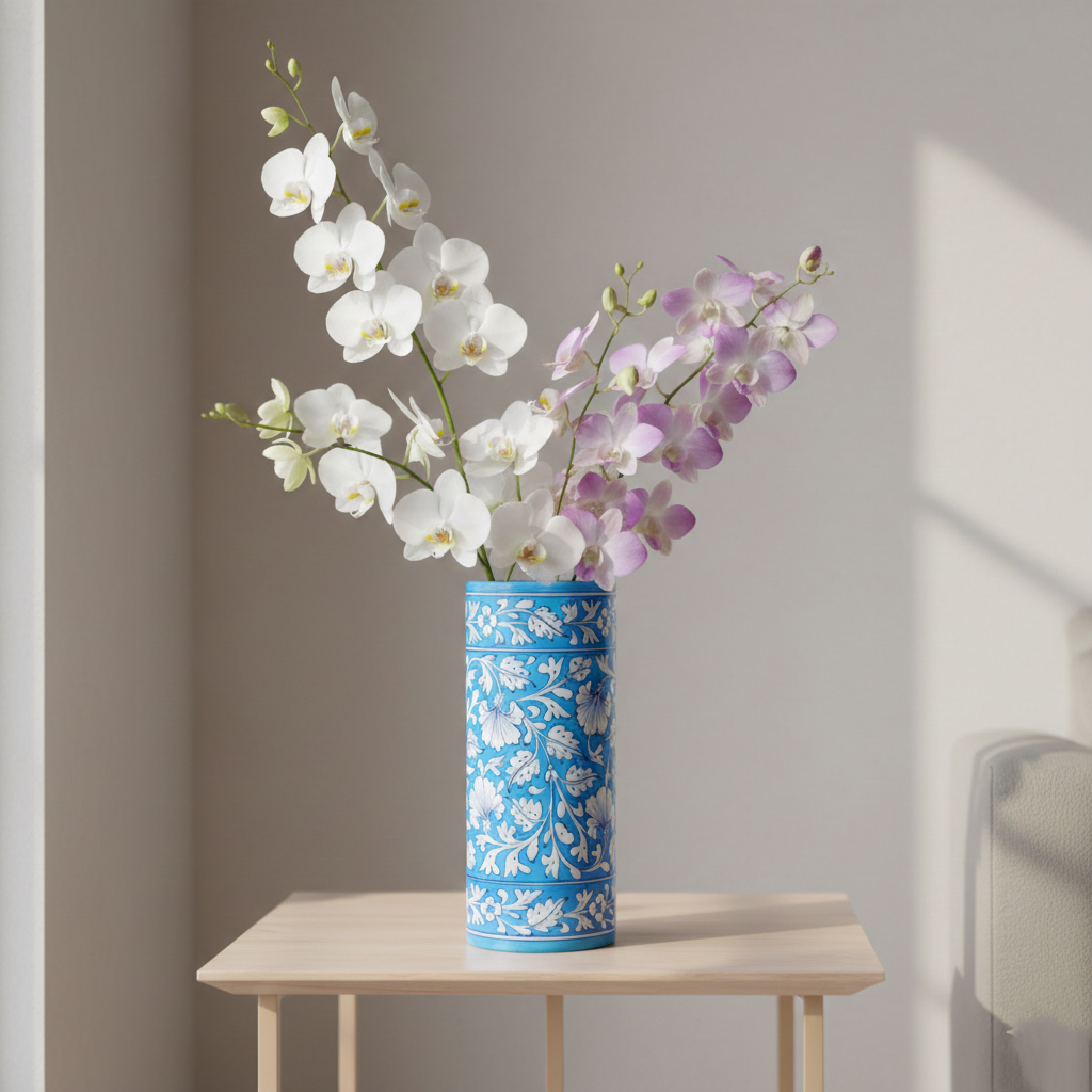 Blue Pottery Decorative Cylindrical Vase—Cyan Blue
