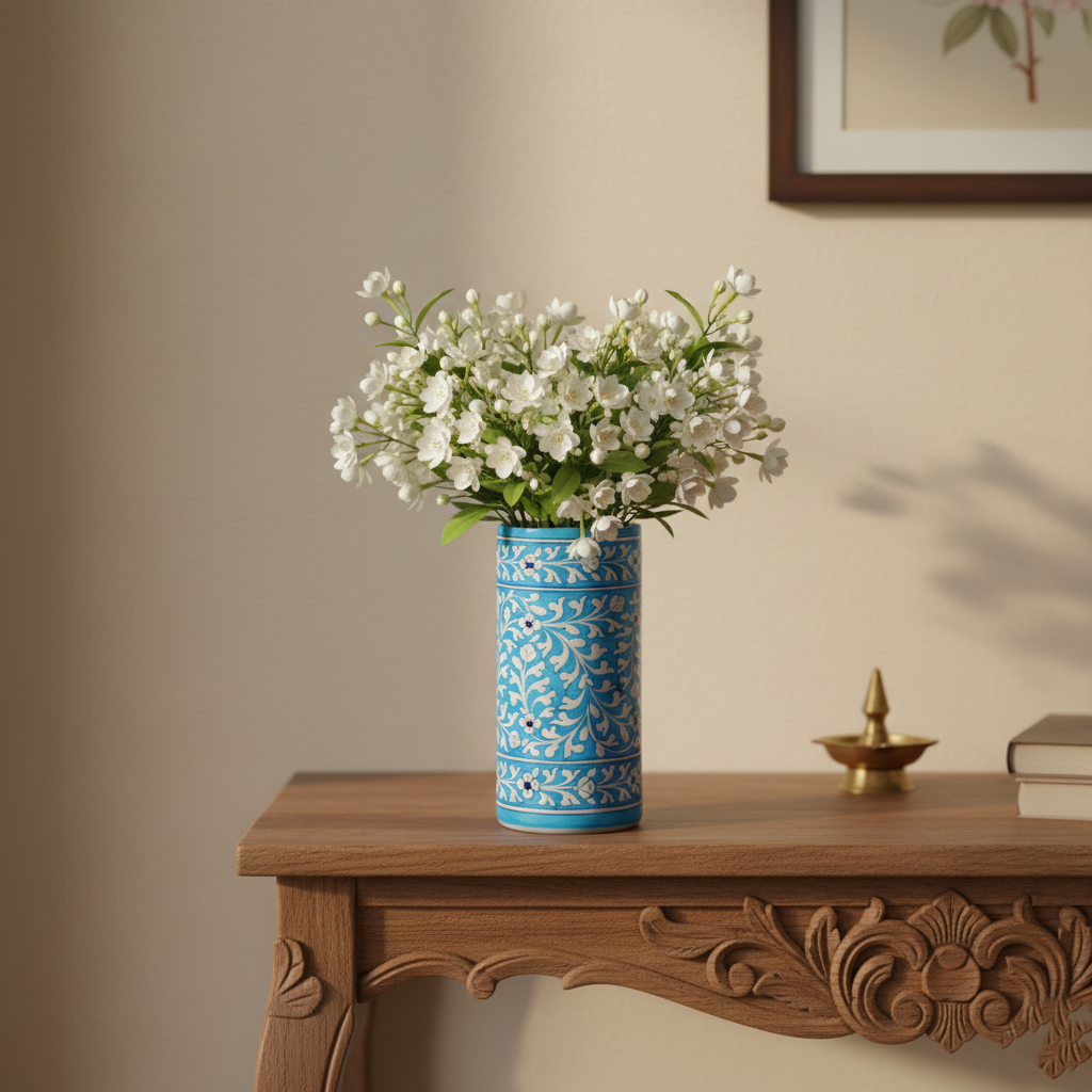 Blue Pottery Decorative Cylindrical Vase—Cyan Blue-2