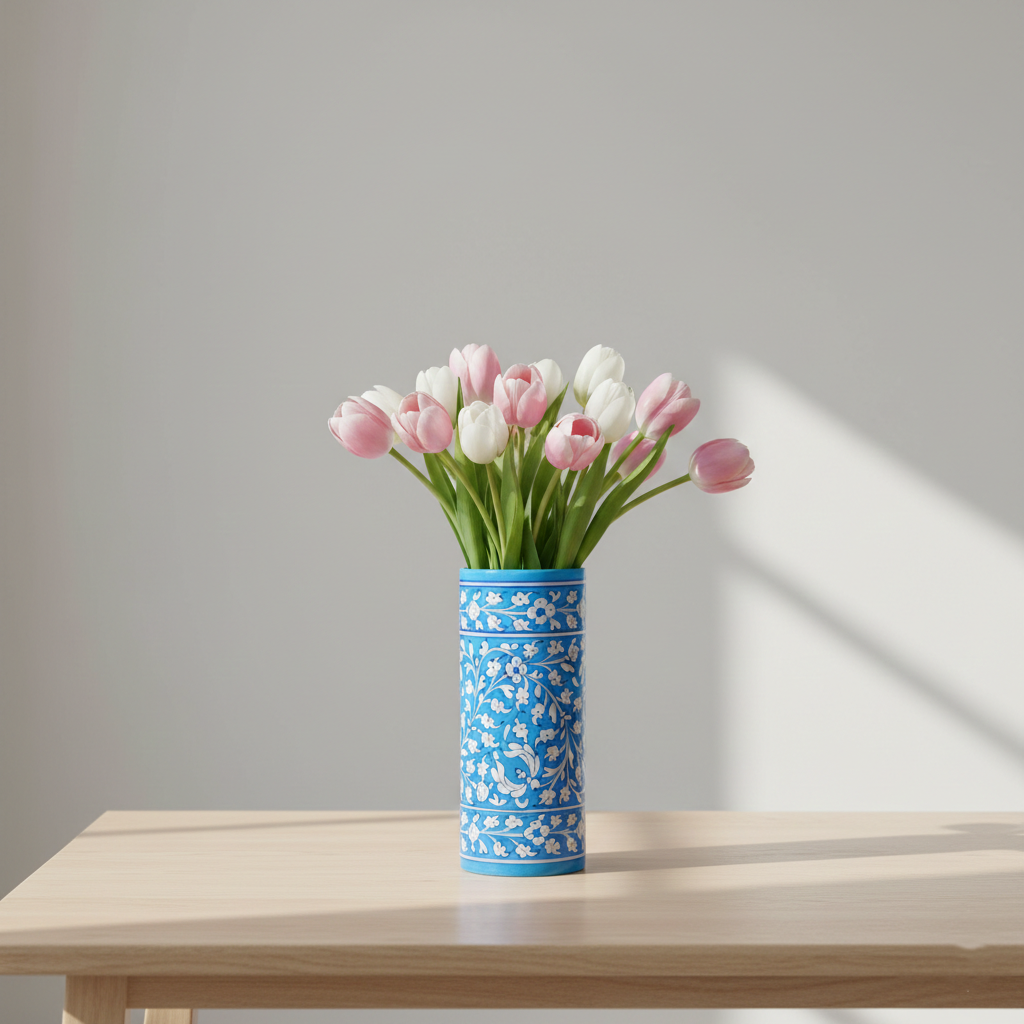 Blue Pottery Decorative Cylindrical Vase—Cyan Blue-3