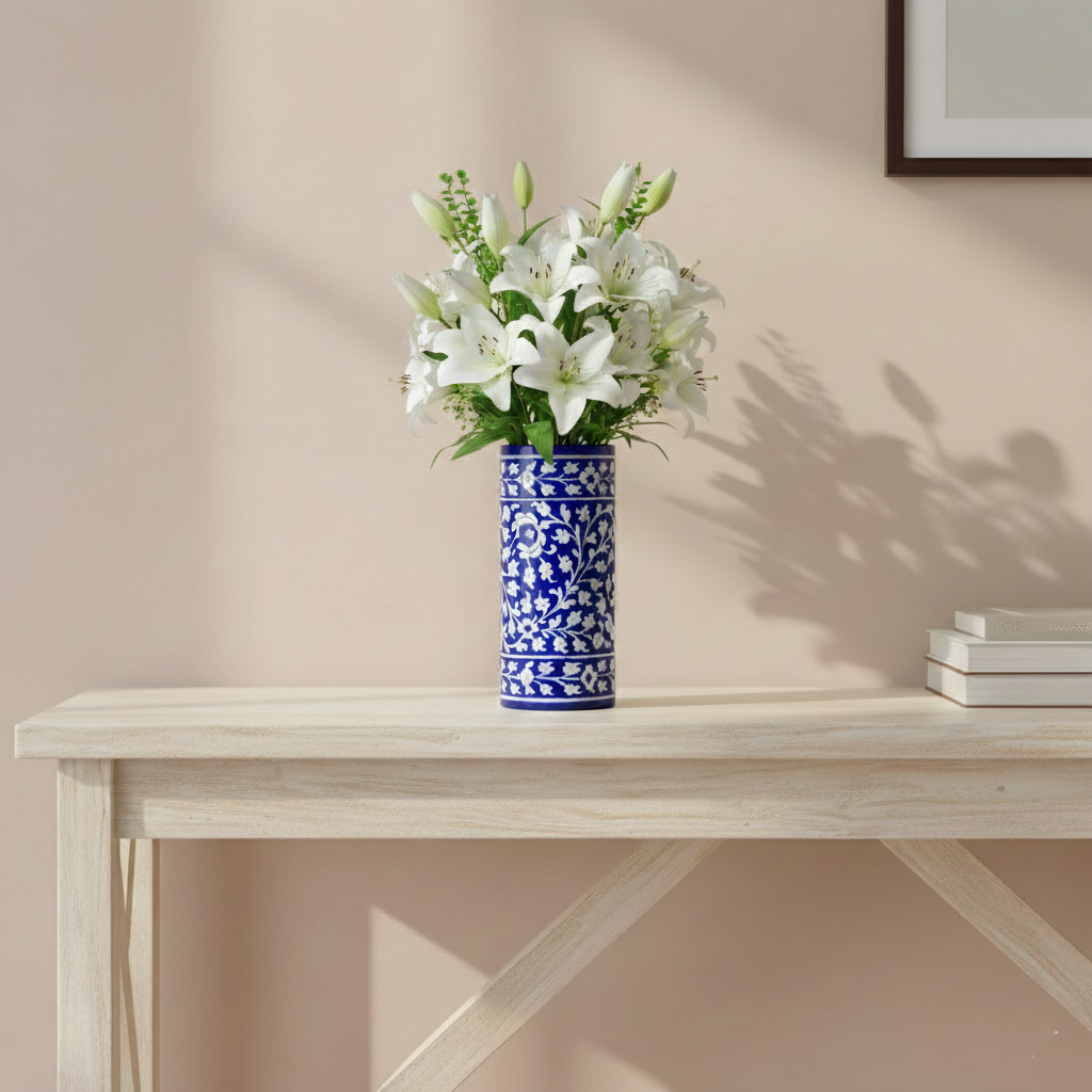 Blue Pottery Decorative Cylindrical Vase—Royal Blue