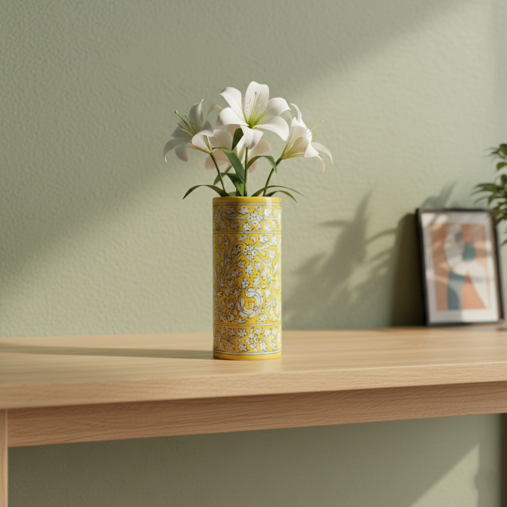 Blue Pottery Decorative Cylindrical Vase—Yellow-2