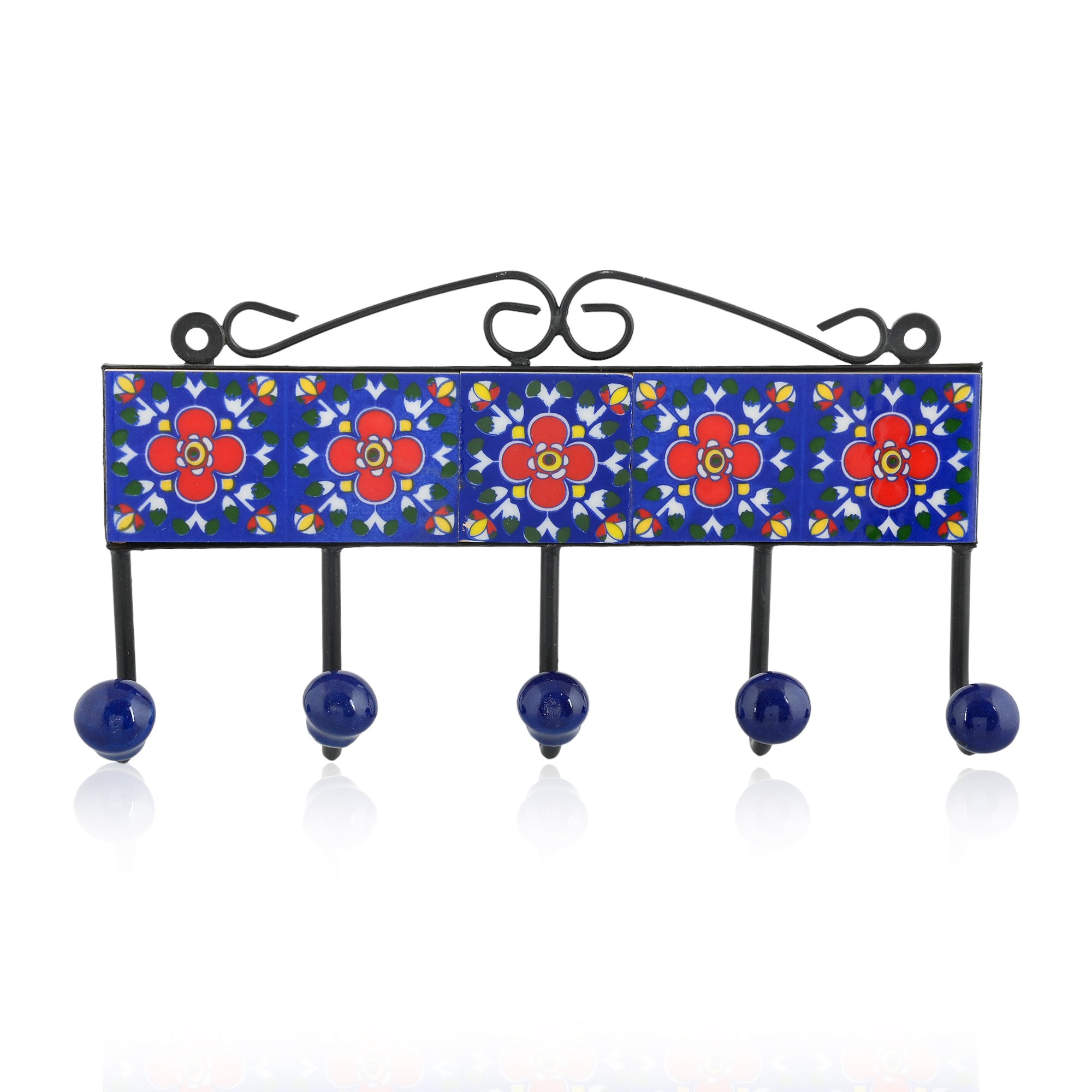 Blue Pottery Inspired Decorative Key Holder—Blue—5 Hooks