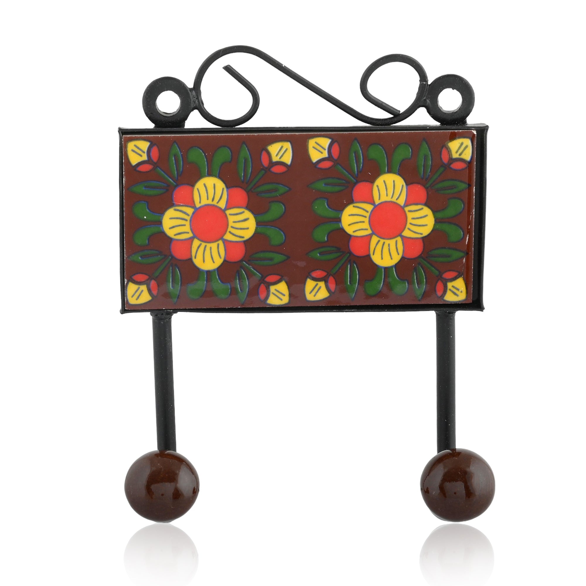 Blue Pottery Inspired Decorative Key Holder—Brown—2 Hooks