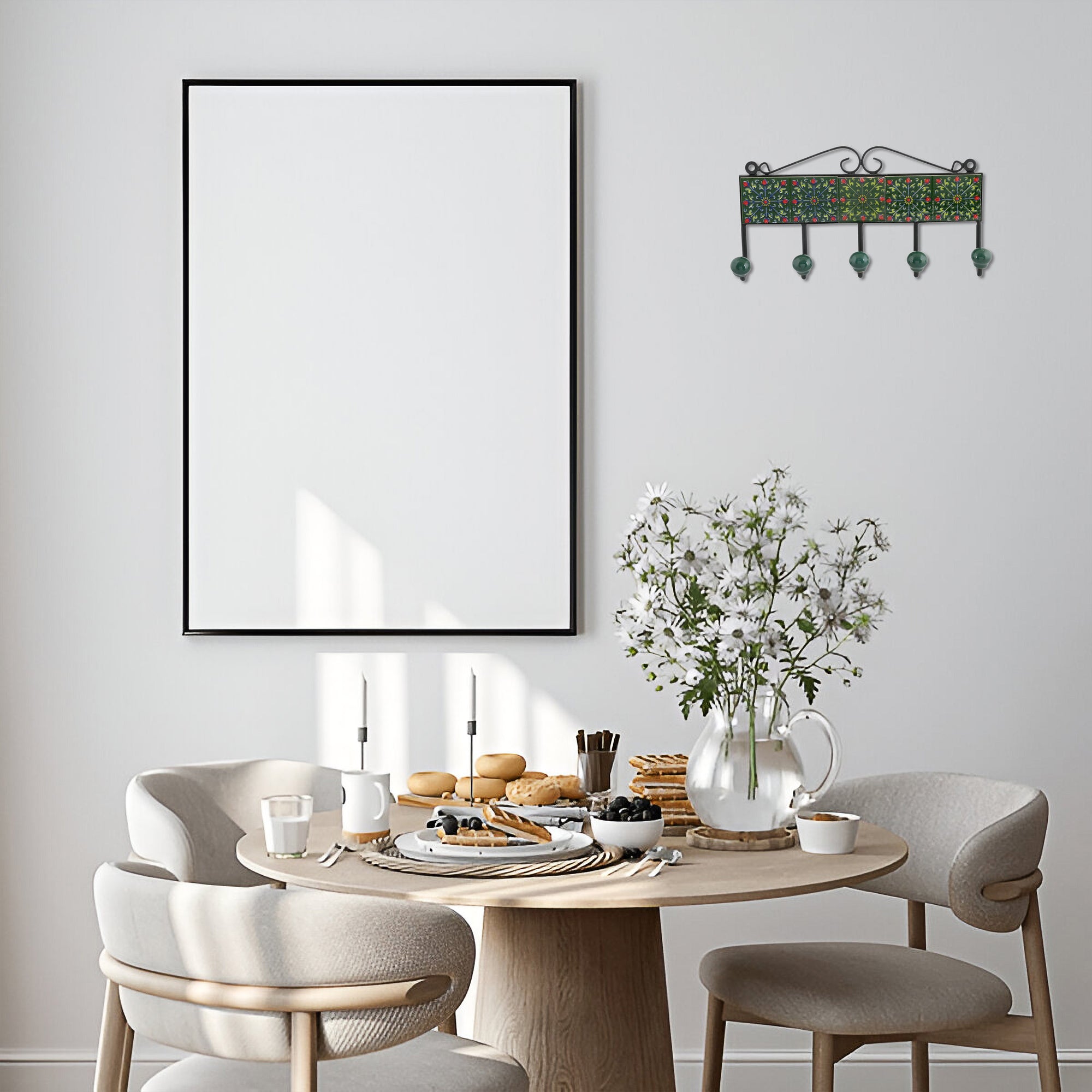 Blue Pottery Inspired Decorative Key Holder—Green—5 Hooks