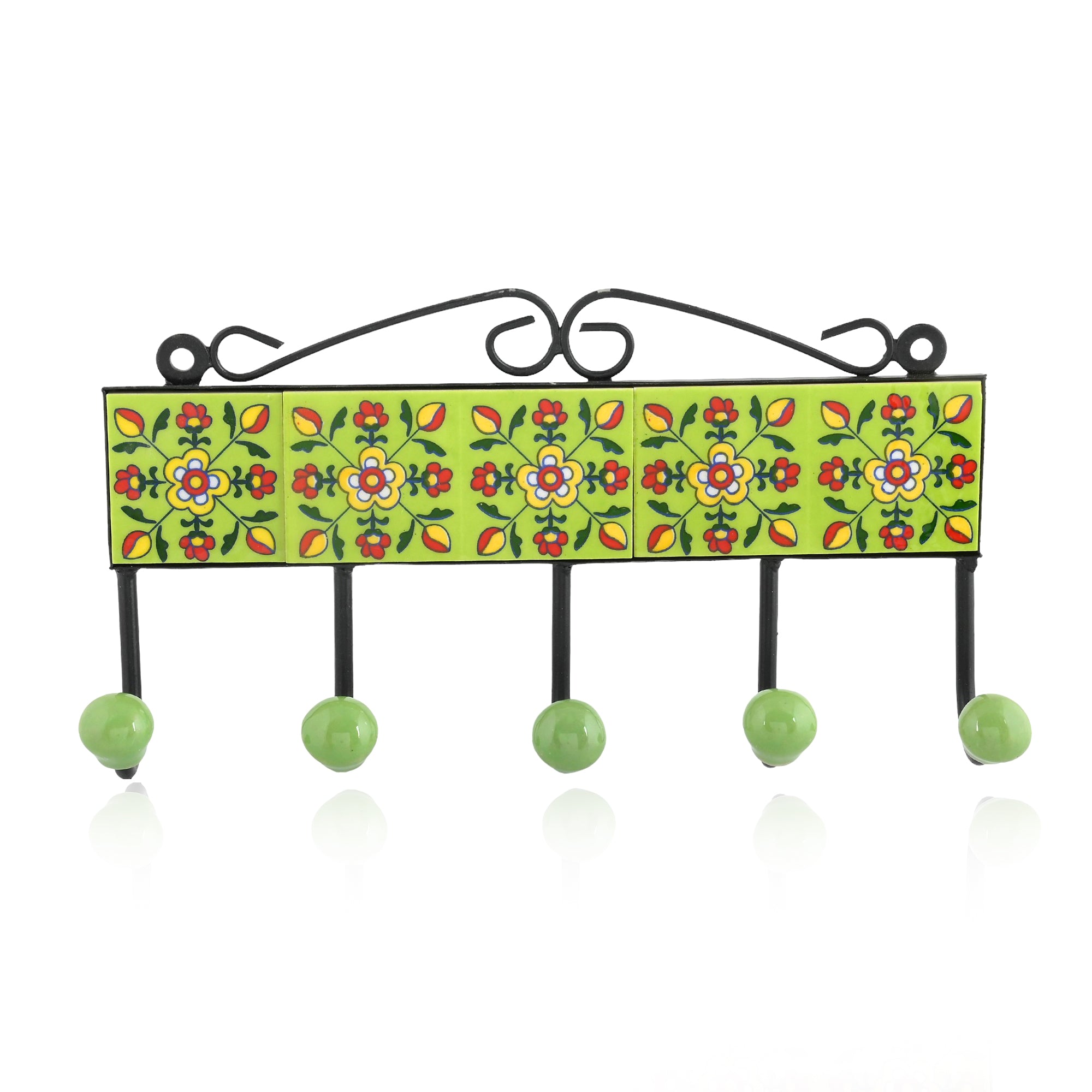Blue Pottery Inspired Decorative Key Holder—Lime Green—5 Hooks