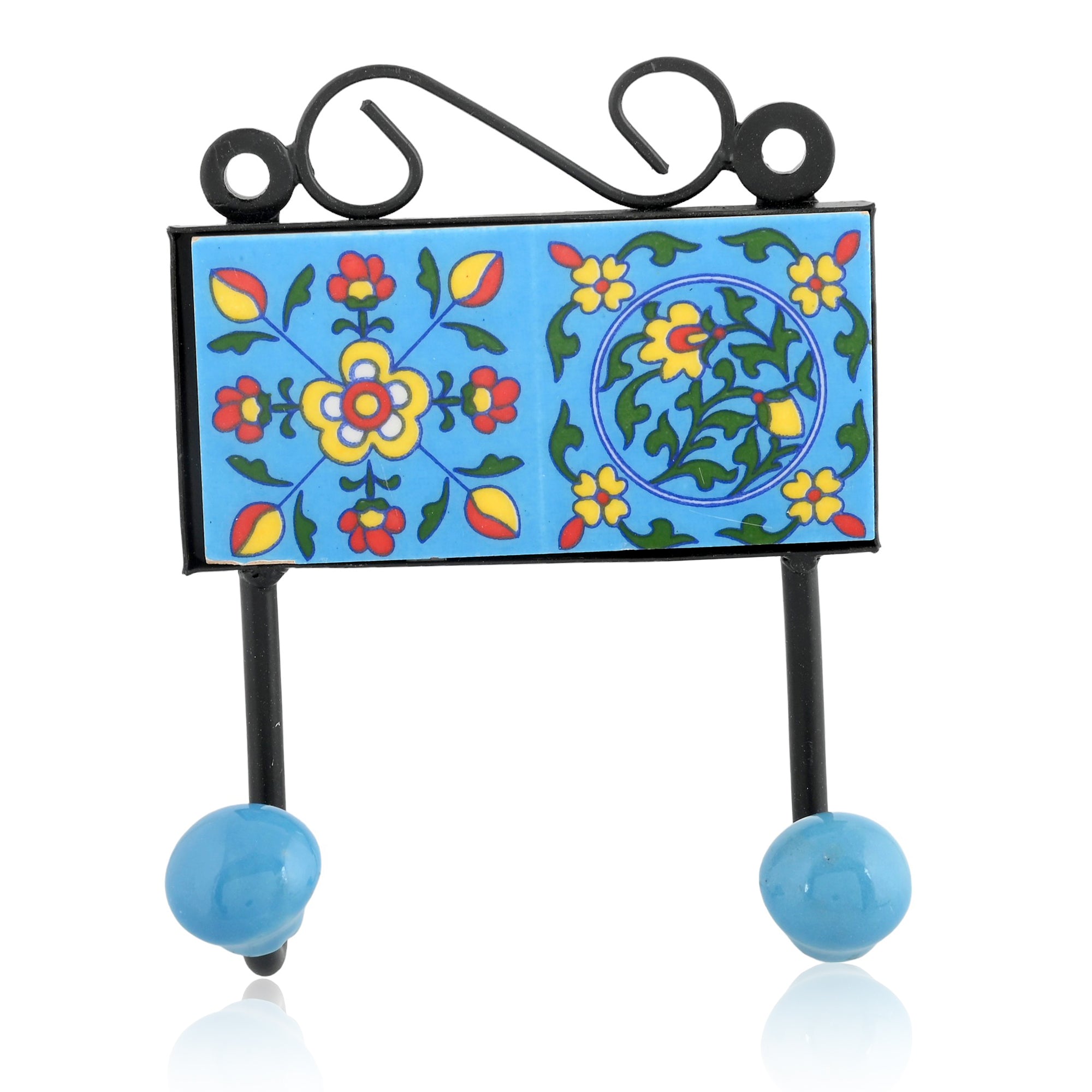 Blue Pottery Inspired Decorative Key Holder—Turquoise—2 Hooks