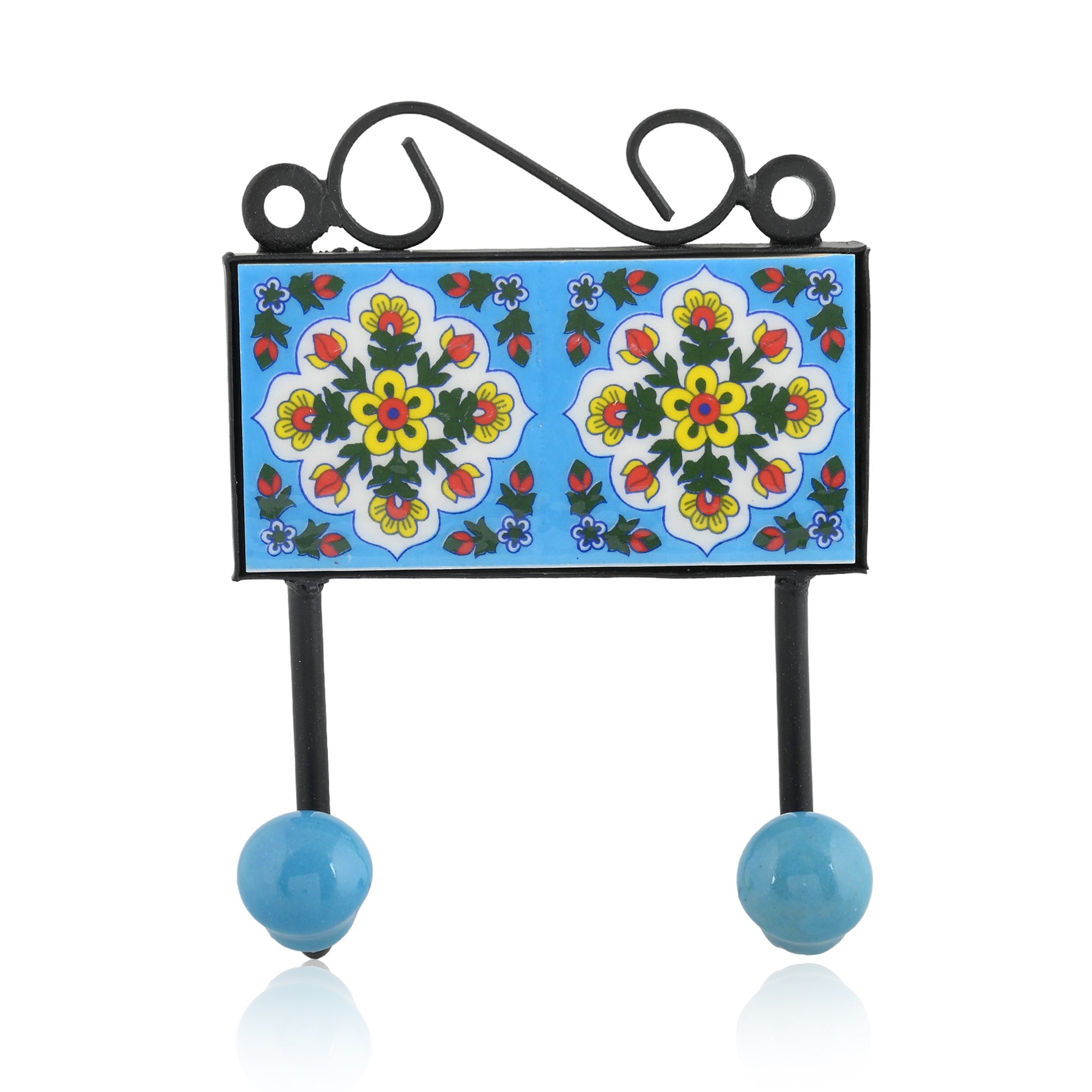 Blue Pottery Inspired Decorative Key Holder—Turquoise—2 Hooks-2