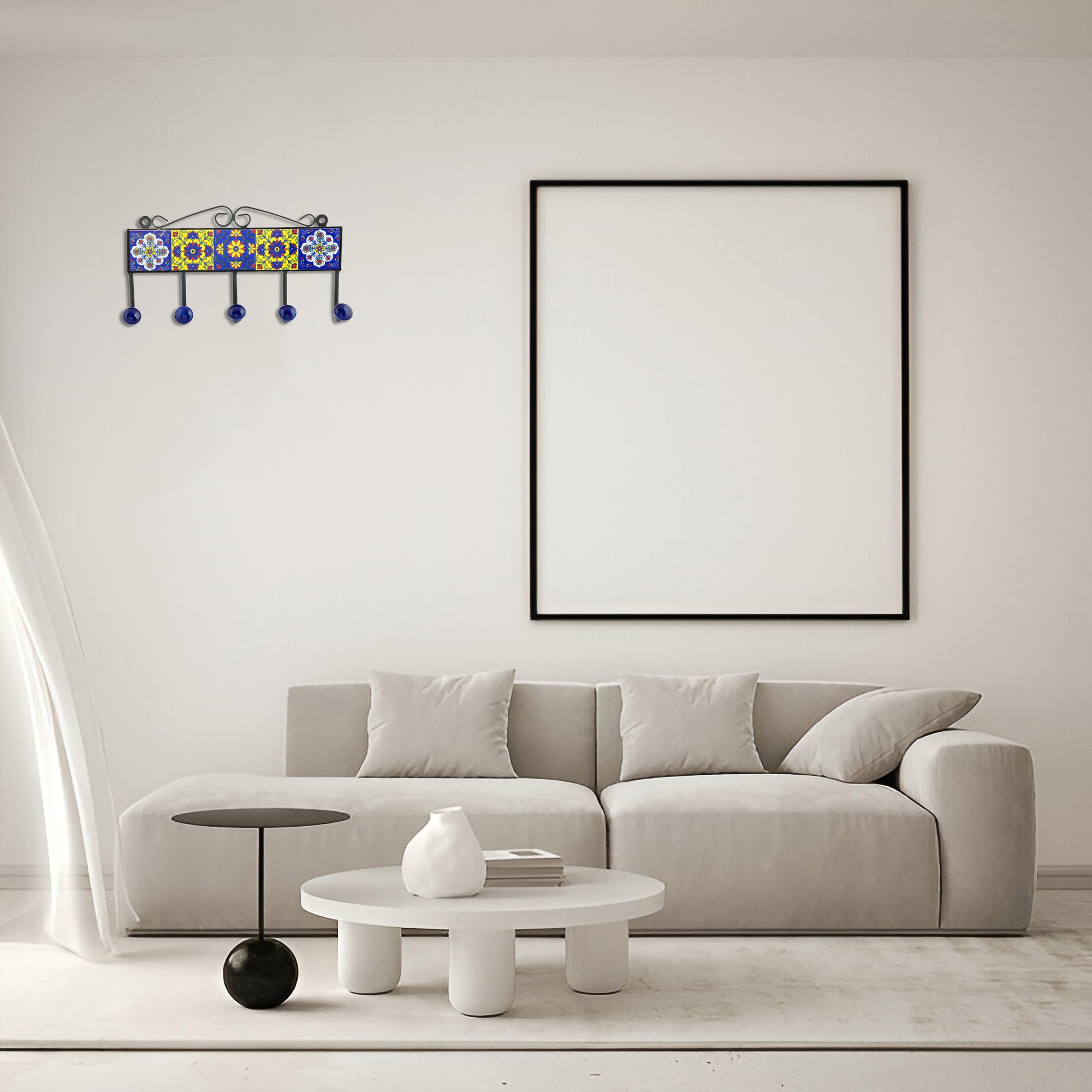 Blue Pottery Inspired Decorative Key Holder—Yellow & Blue—5 Hooks