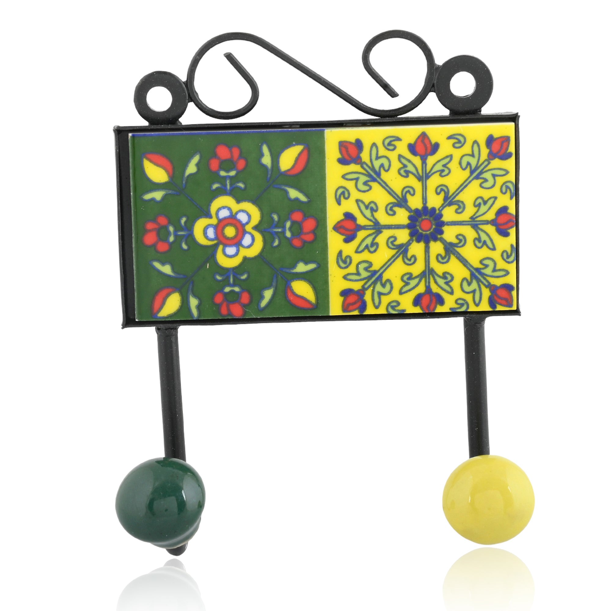 Blue Pottery Inspired Decorative Key Holder—Yellow & Green—2 Hooks