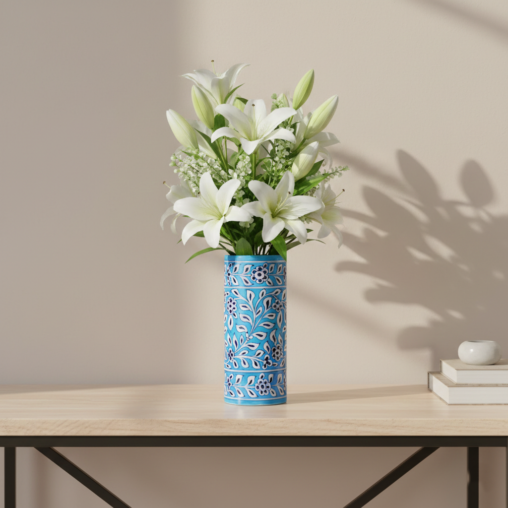 Blue Pottery Decorative Cylindrical Vase—Cyan