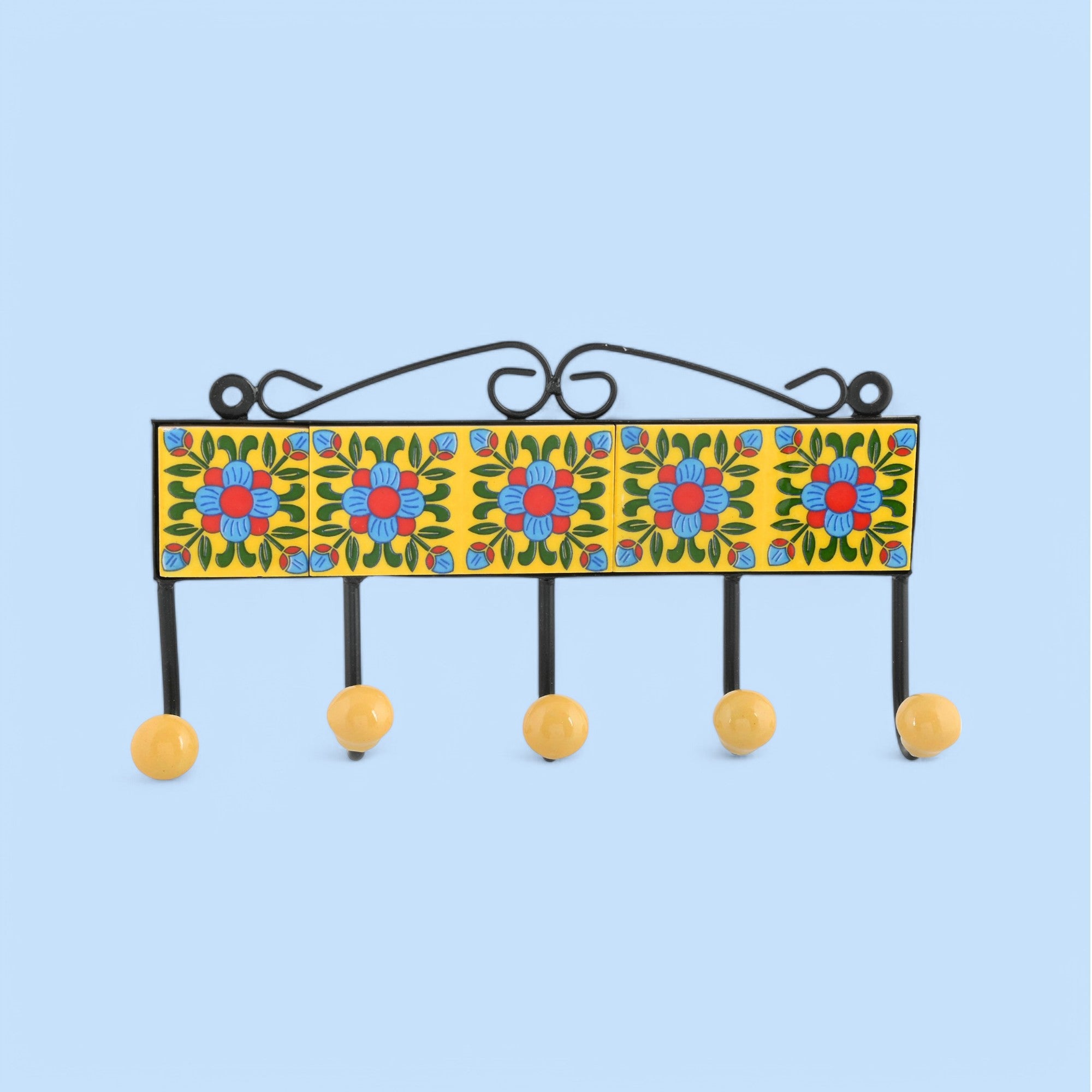 Blue Pottery Inspired Decorative Key Holder—Yellow—5 Hooks-2