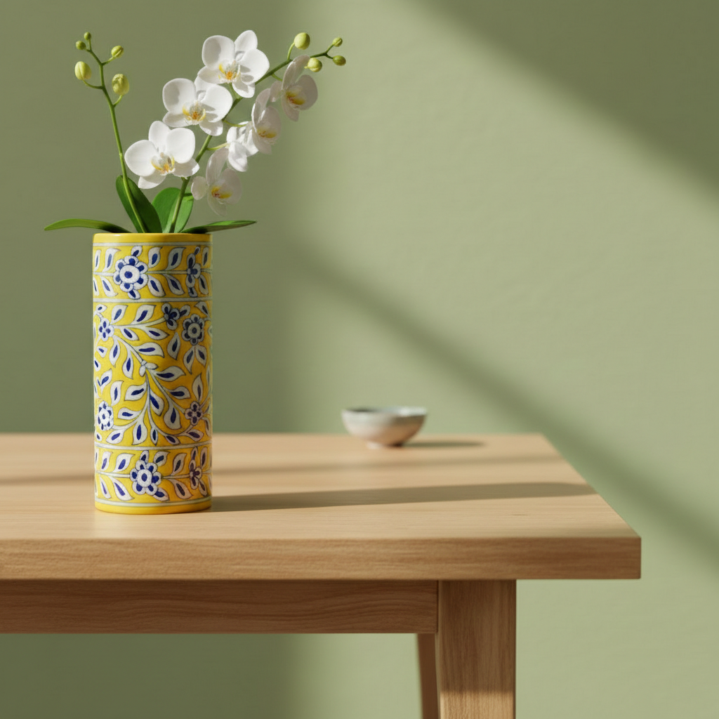 Blue Pottery Decorative Cylindrical Vase—Yellow
