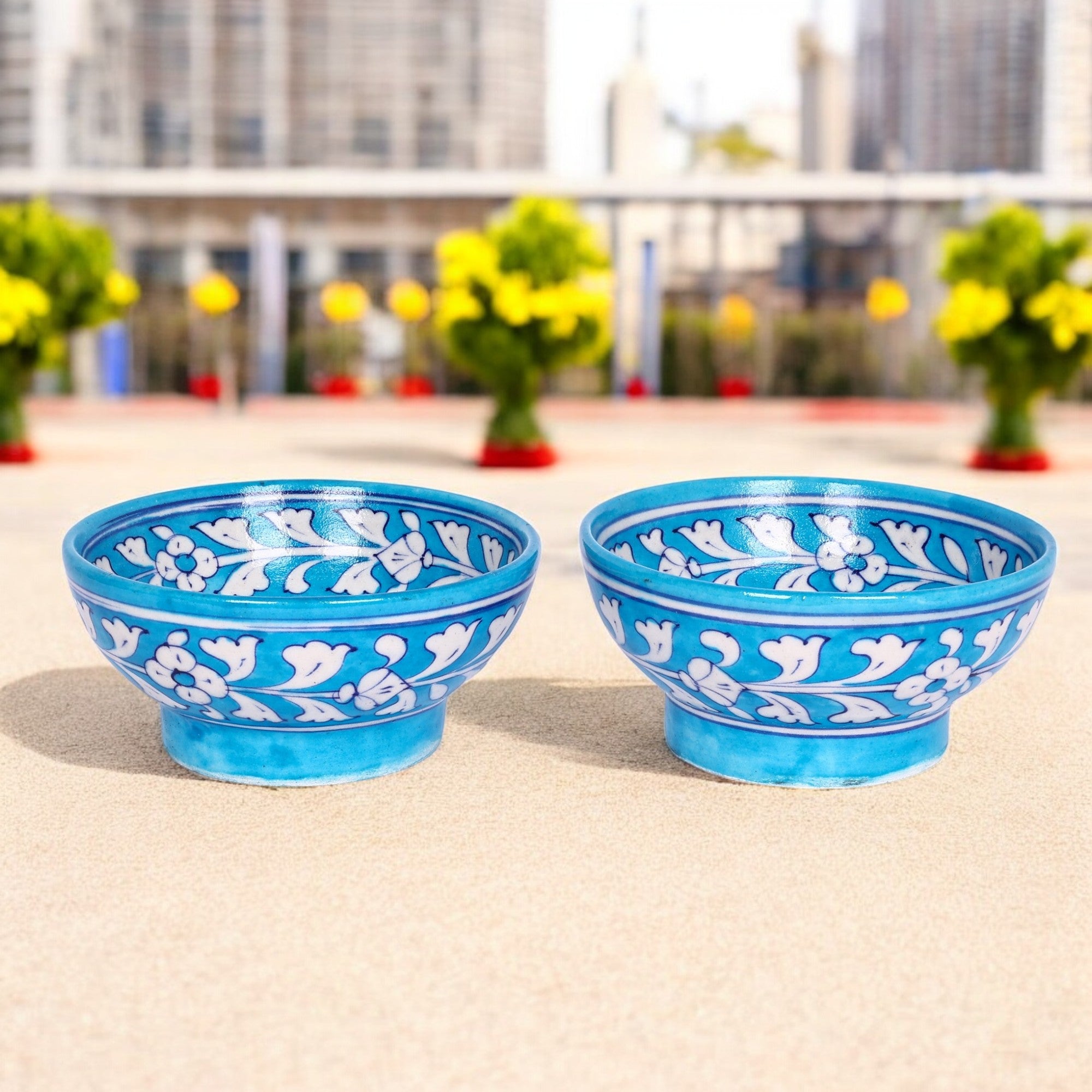 Blue Pottery Floral Bowls—Set of 2—Cyan Blue-2