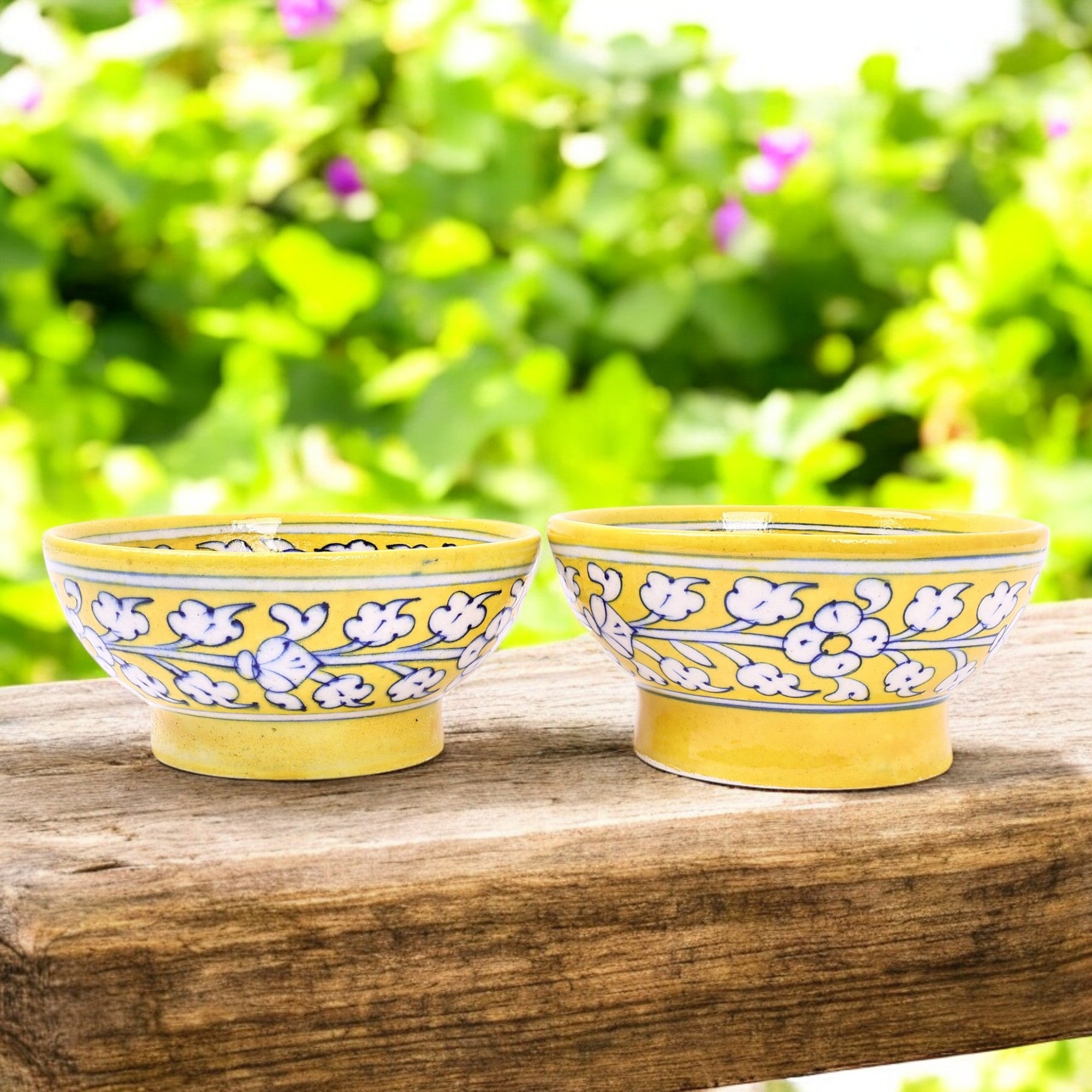 Blue Pottery Floral Bowls—Set of 2—Yellow
