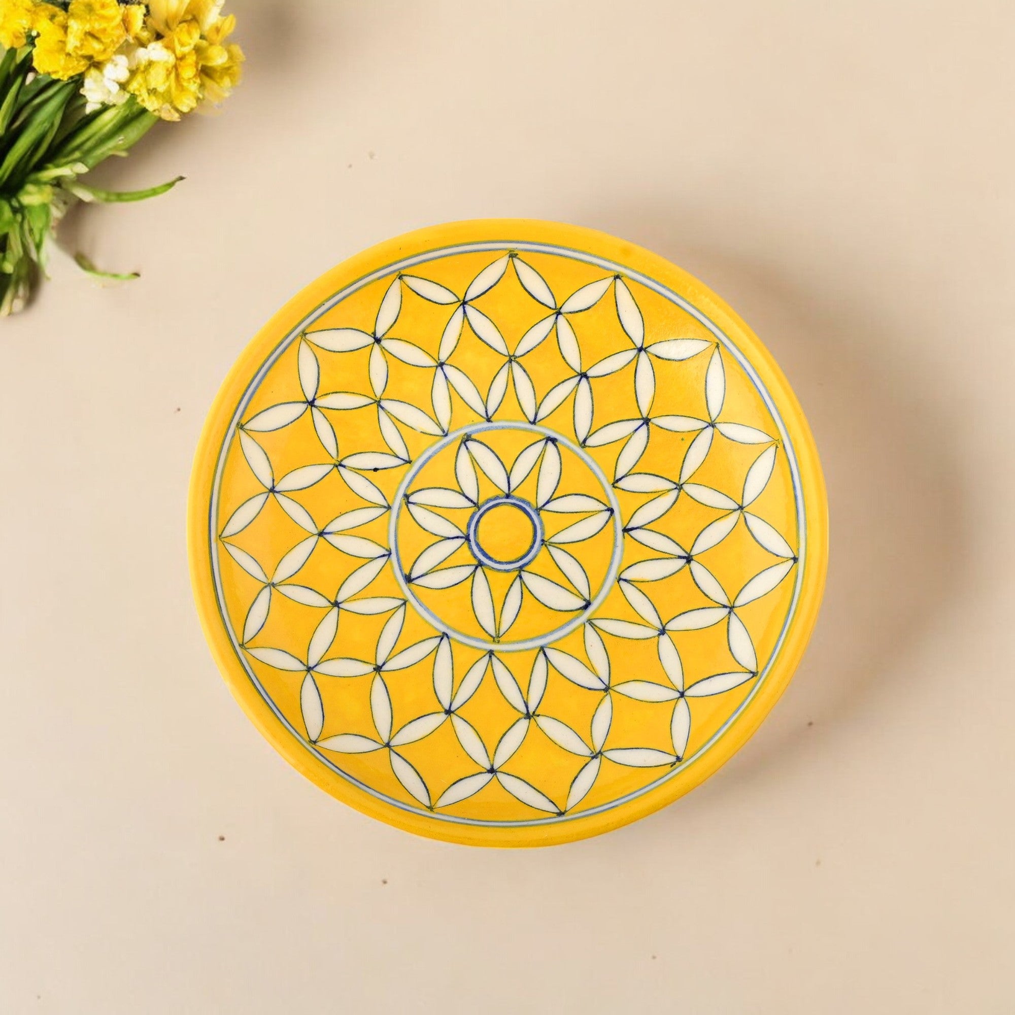 Blue Pottery Floral & Lattice Pattern Decorative Plate—Yellow—8”