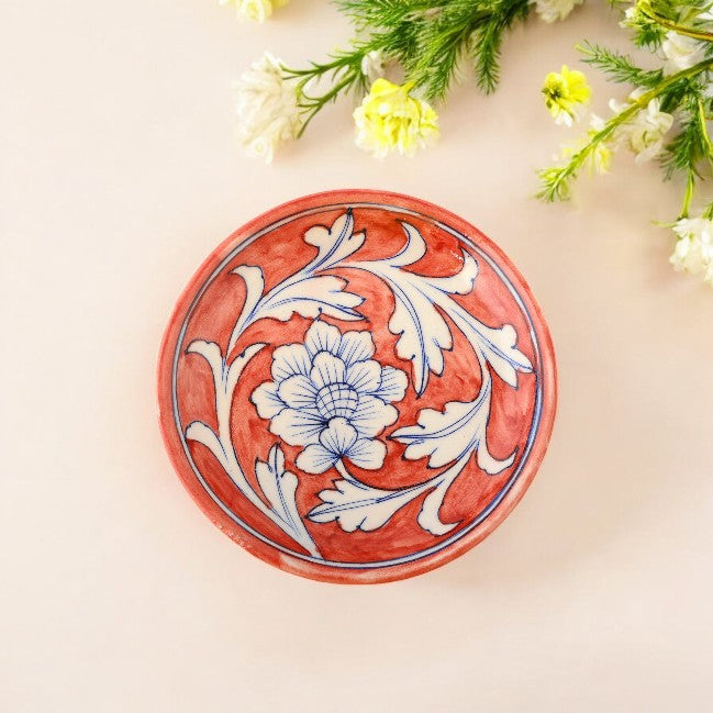Blue Pottery Floral Pattern Decorative Plate—Red—8”