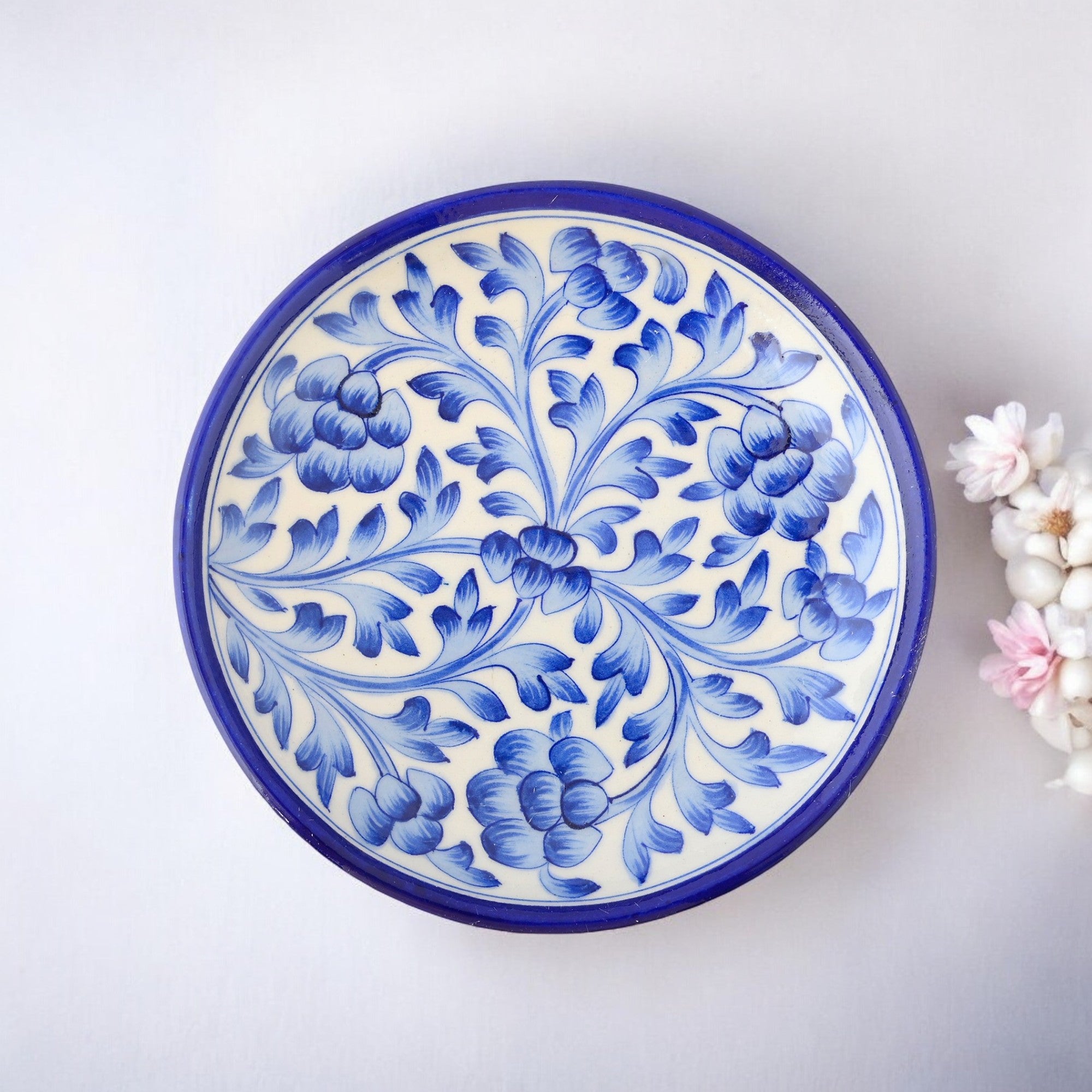 Blue Pottery Floral Pattern Decorative Plate—Blue and White—8”