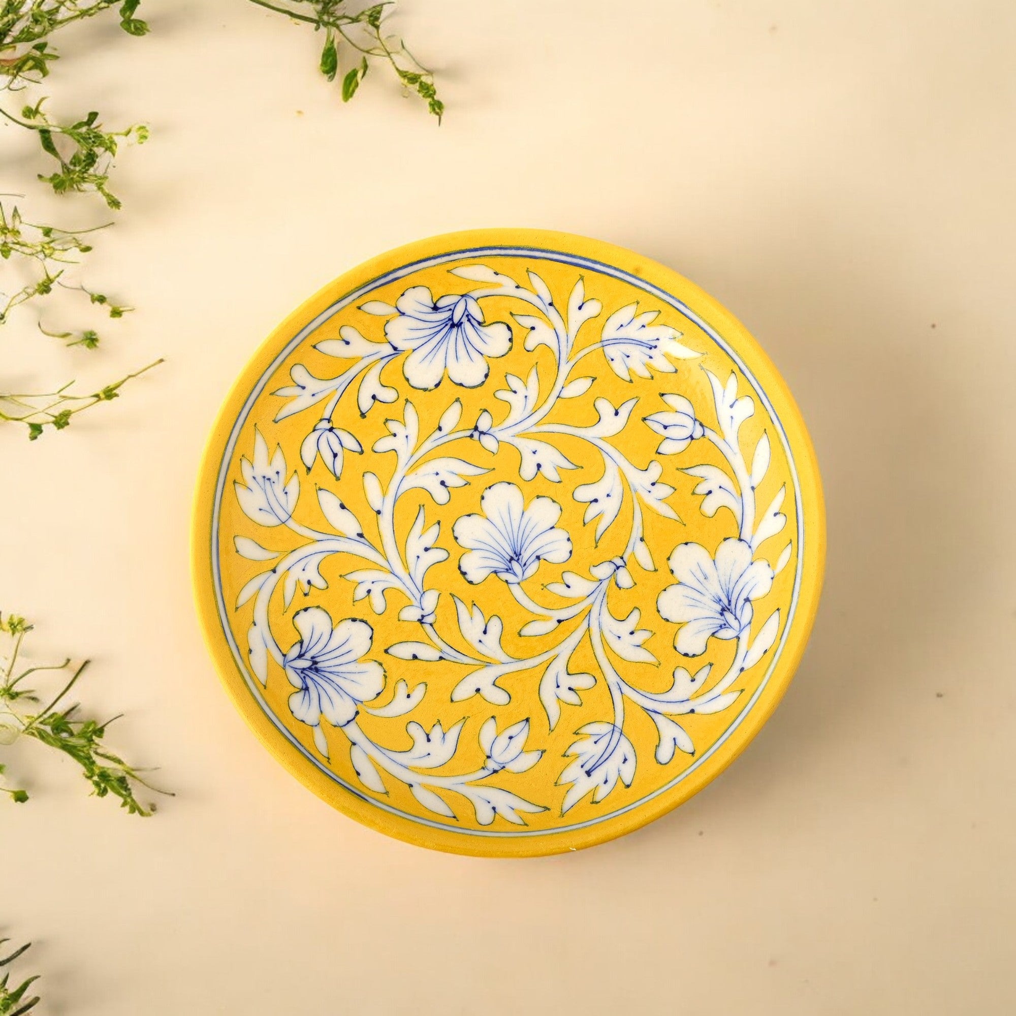 Blue Pottery Floral Pattern Decorative Plate—Yellow—8”
