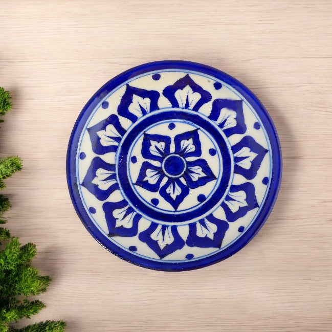 Blue Pottery Floral Pattern Decorative Plate—Cobalt Blue—8”