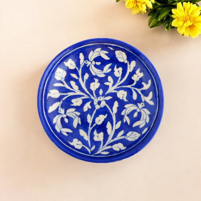 Blue Pottery Floral Pattern Decorative Plate—Cobalt Blue—8”