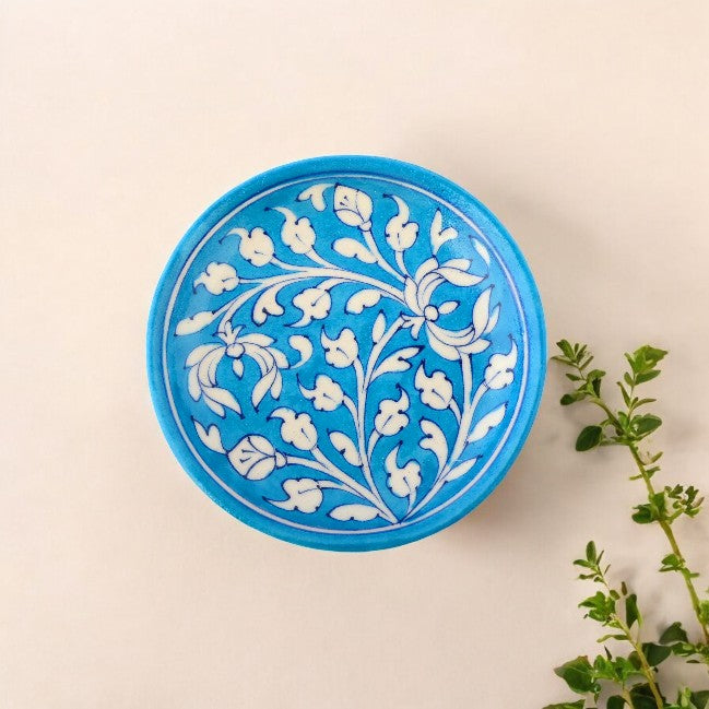 Blue Pottery Floral Pattern Decorative Plate—Cyan Blue—6”
