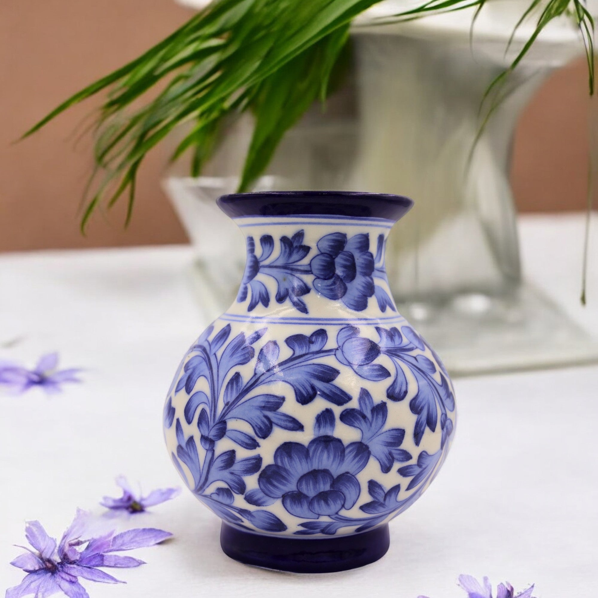 Blue Pottery Flower Vase – Cobalt Blue & White