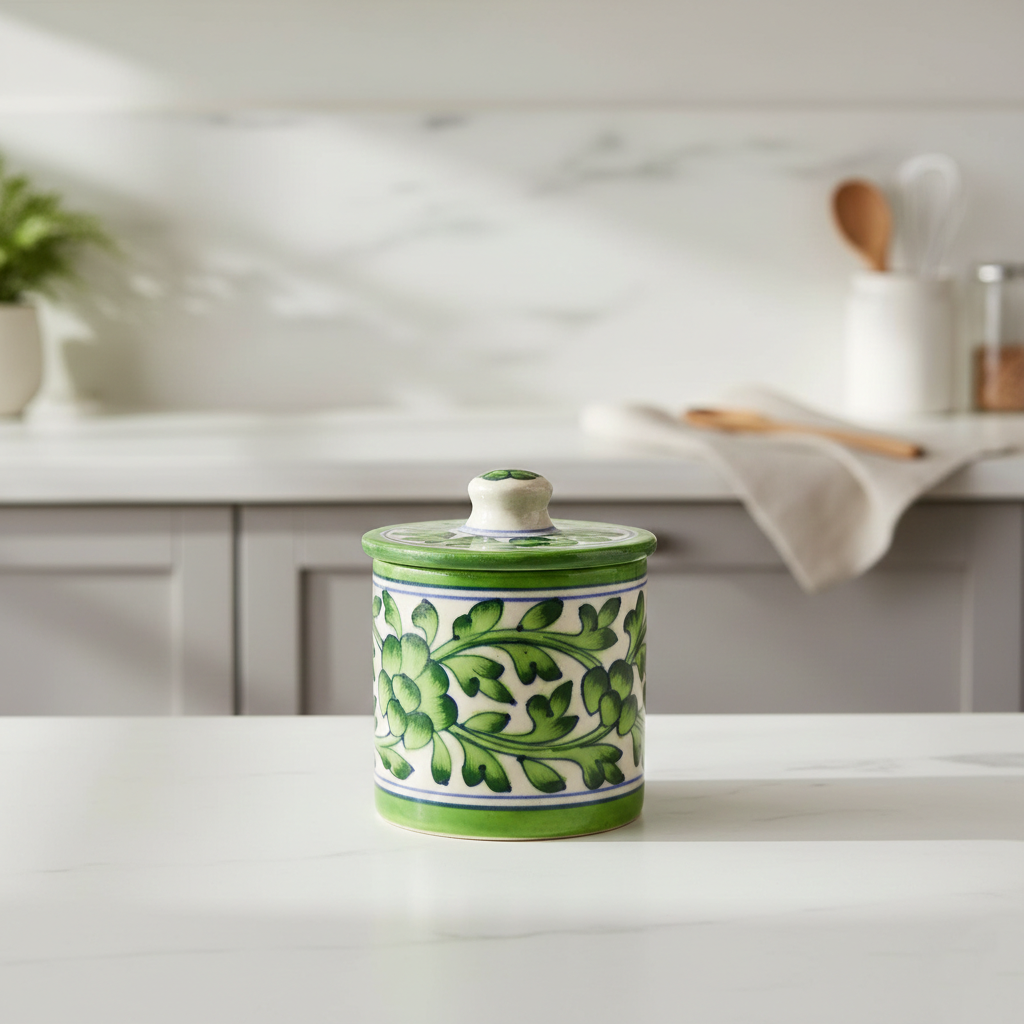 Blue Pottery Green Jar with Lid