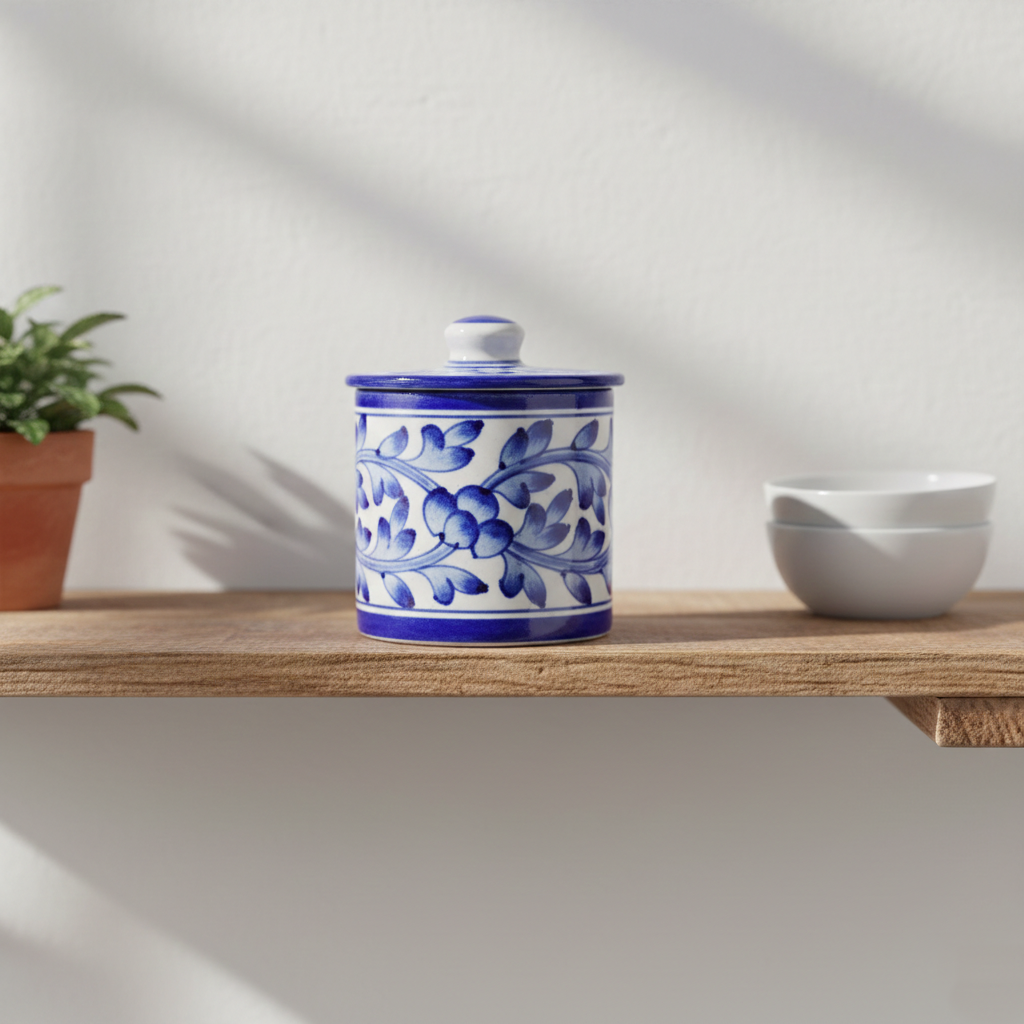 Blue Pottery Jar with Lid - White