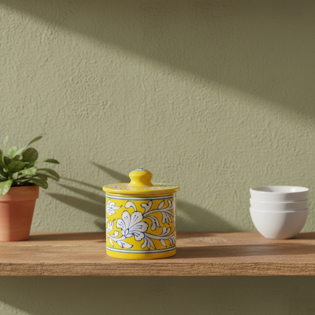 Blue Pottery Jar with Lid - Yellow