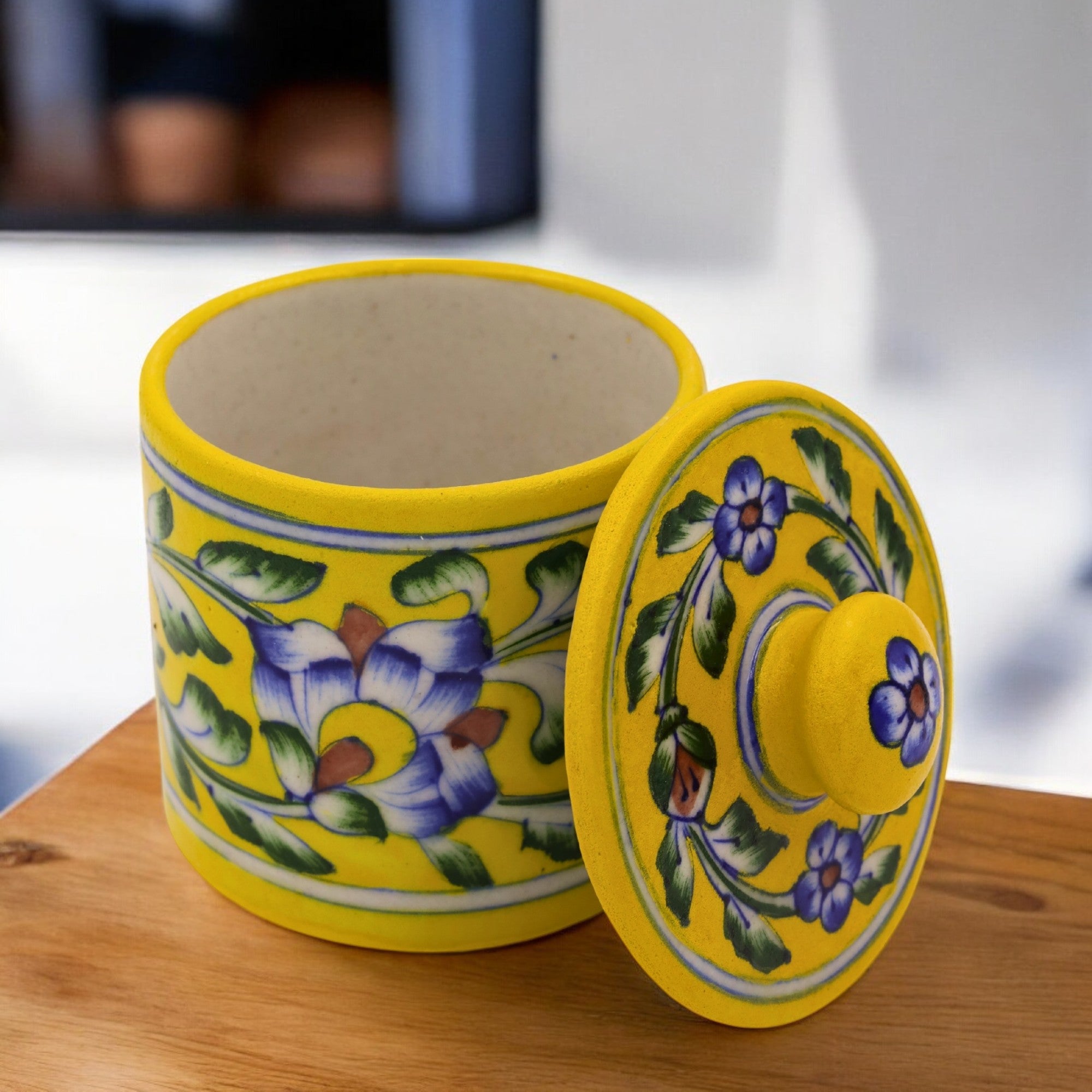 Blue Pottery Yellow Jar with Lid