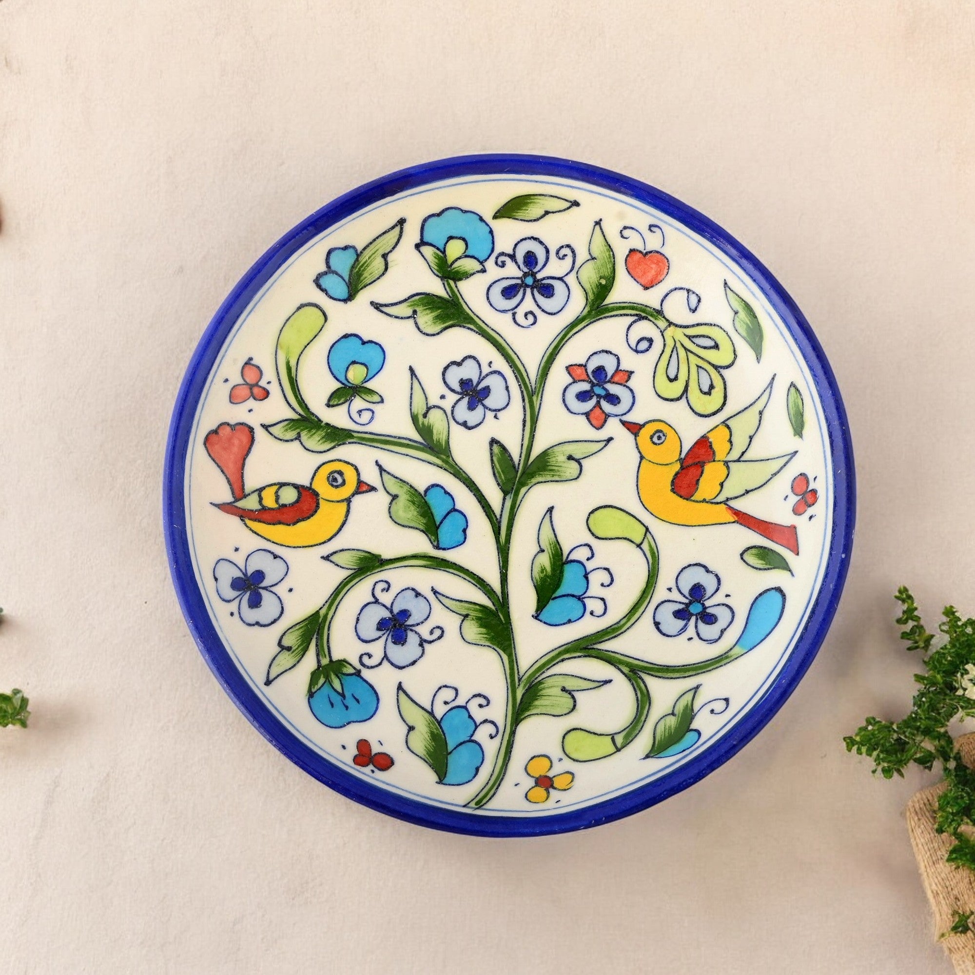 Blue Pottery Nature Inspired Pattern Decorative Plate—Multicoloured—8”