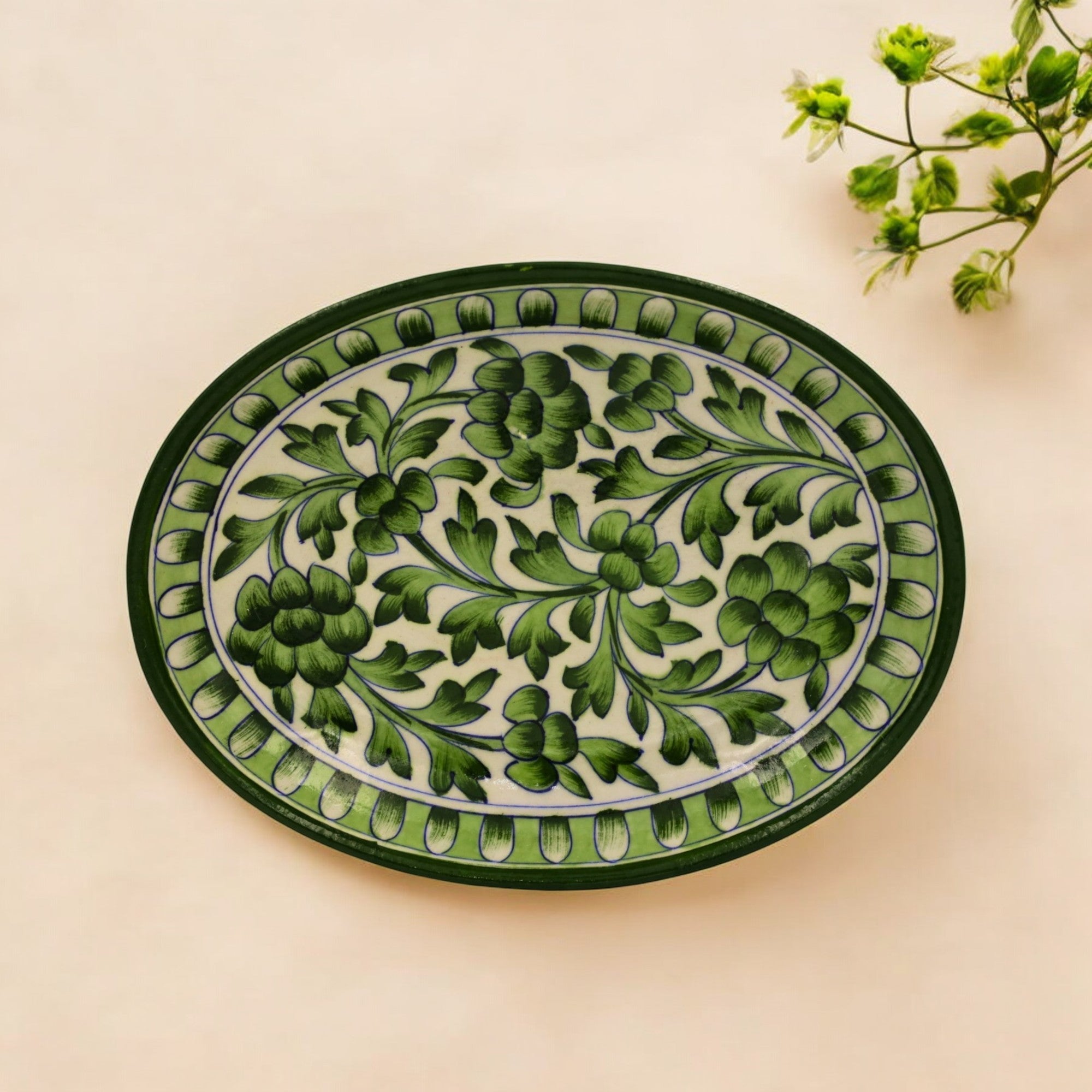 Blue Pottery Oval Plate - Green