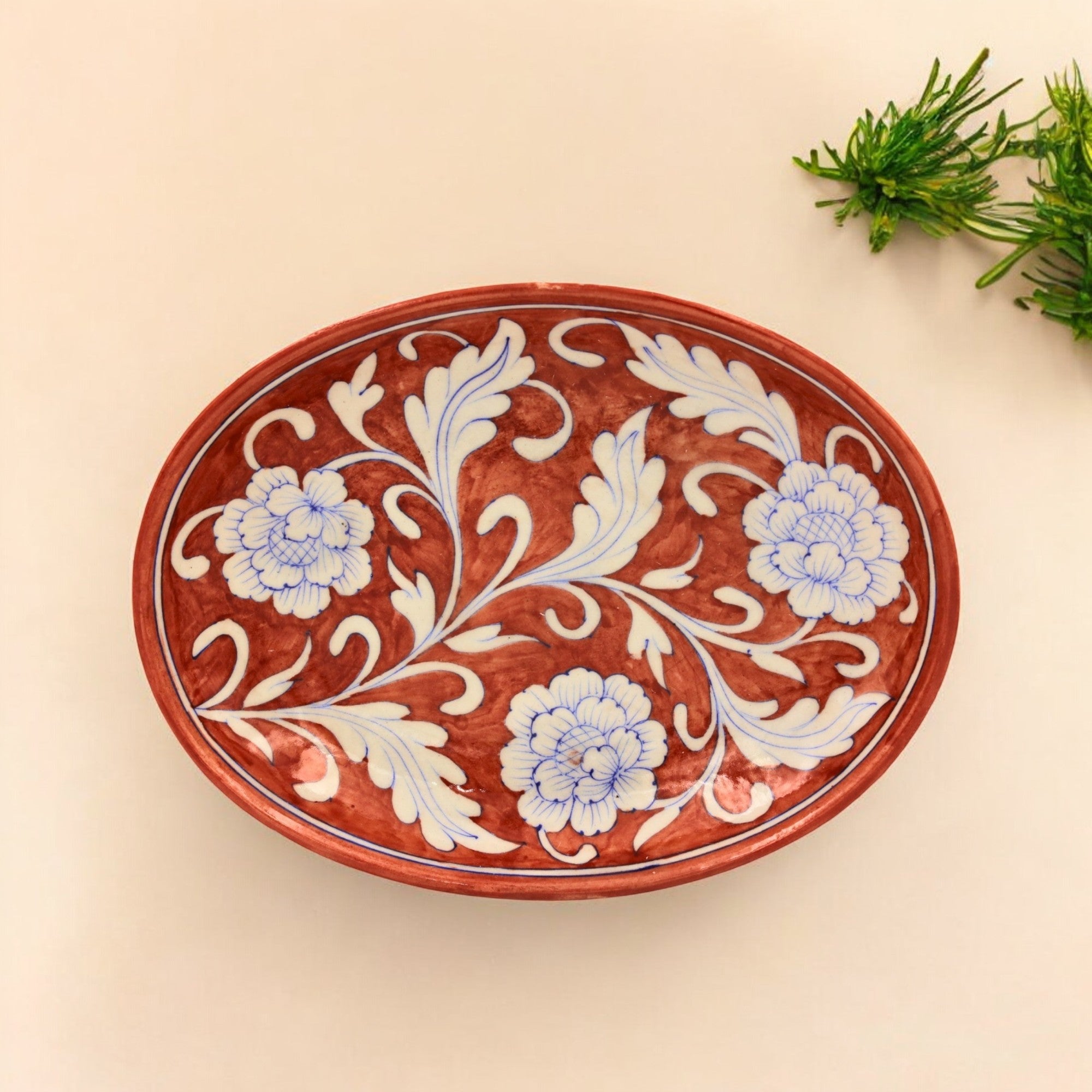 Blue Pottery Oval Plate - Maroon