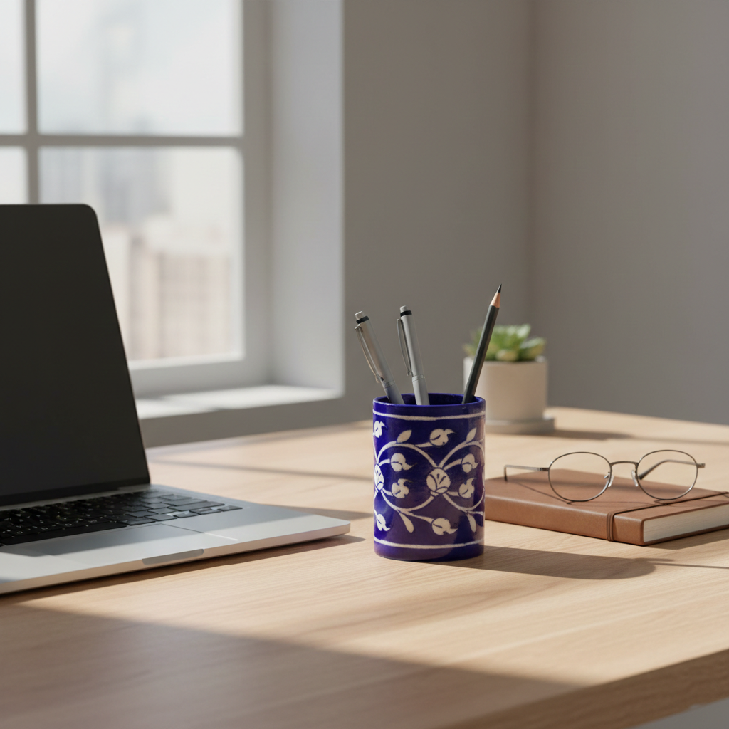 Blue Pottery Pen Holder - Blue
