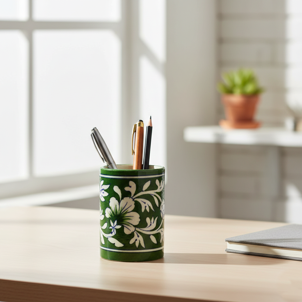 Blue Pottery Pen Holder - Green