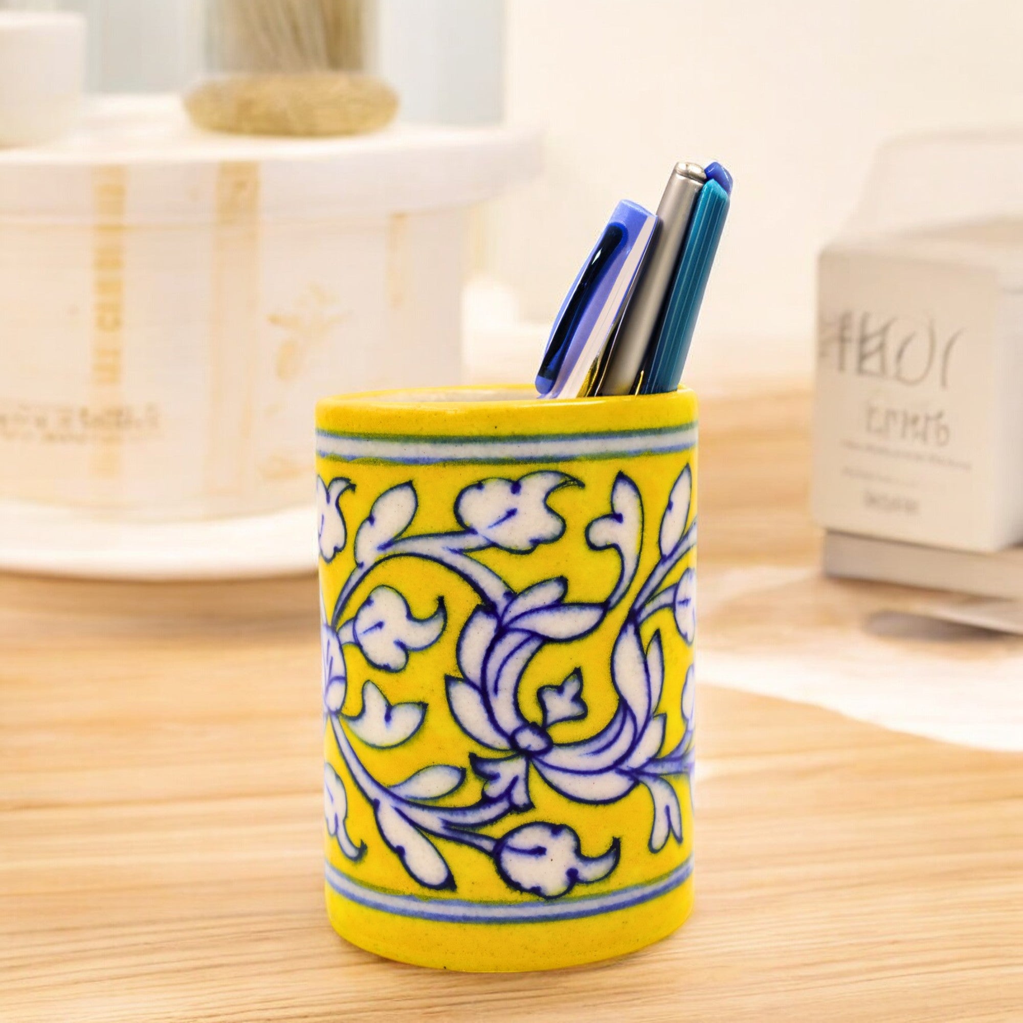 Blue Pottery Pen Holder - Yellow