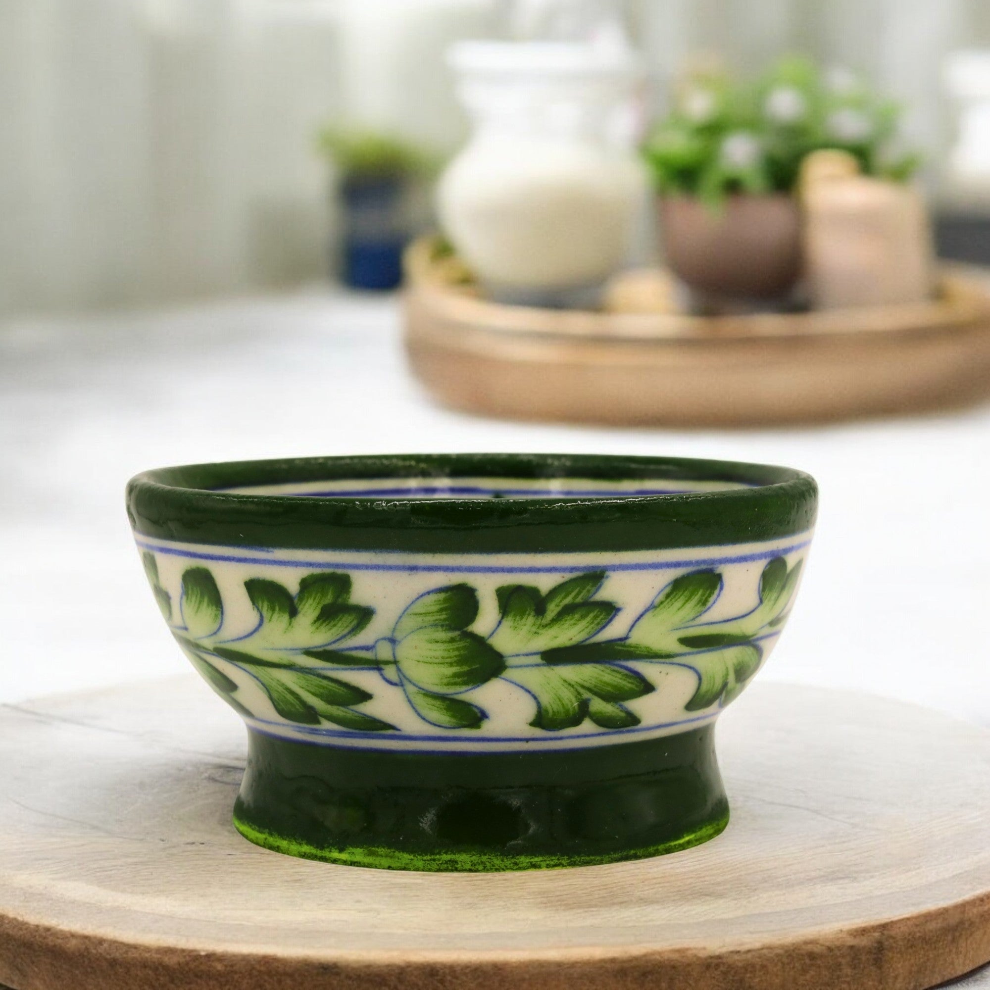 Blue Pottery Round Bowl – White & Green