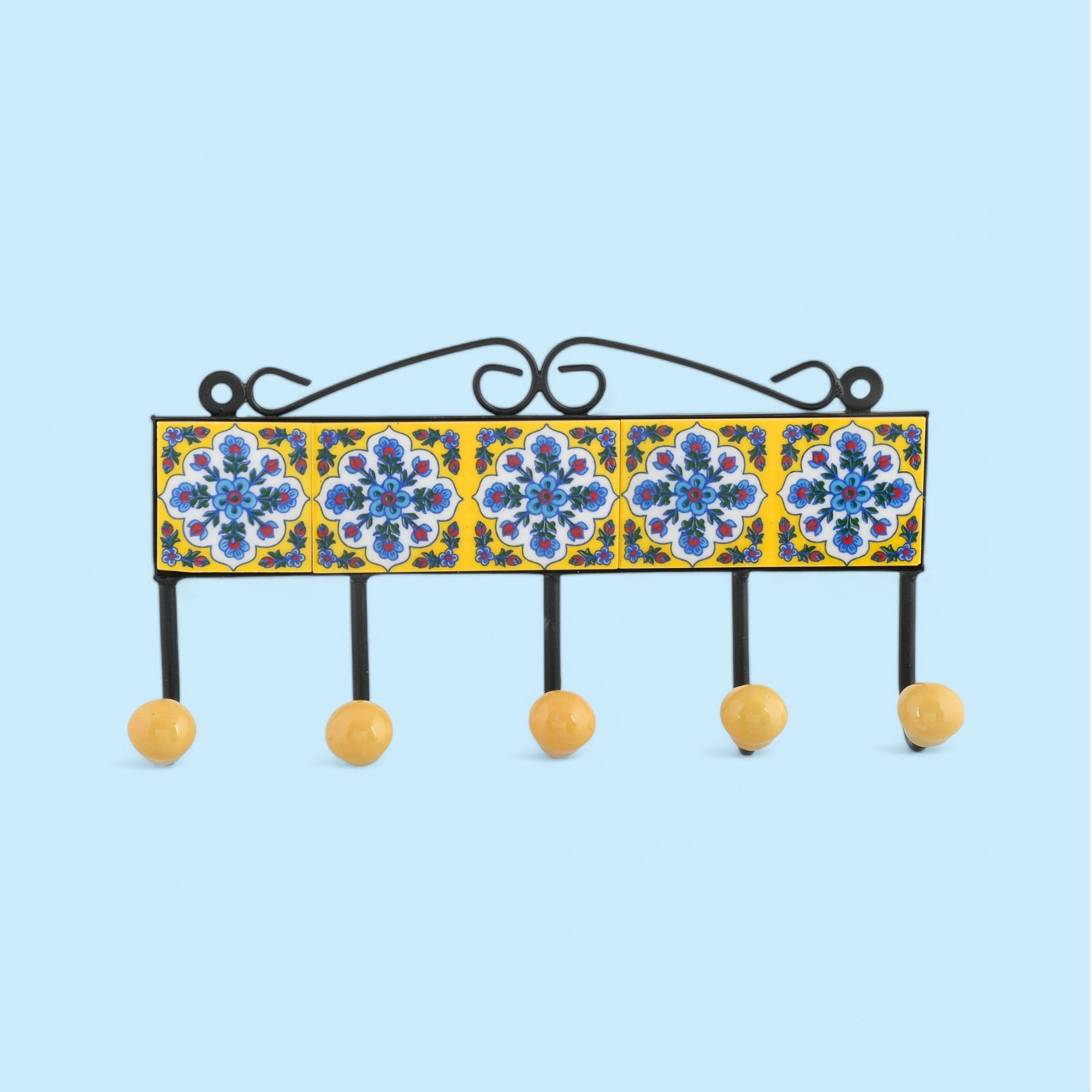 Blue Pottery Inspired Decorative Key Holder—Yellow—5 Hooks