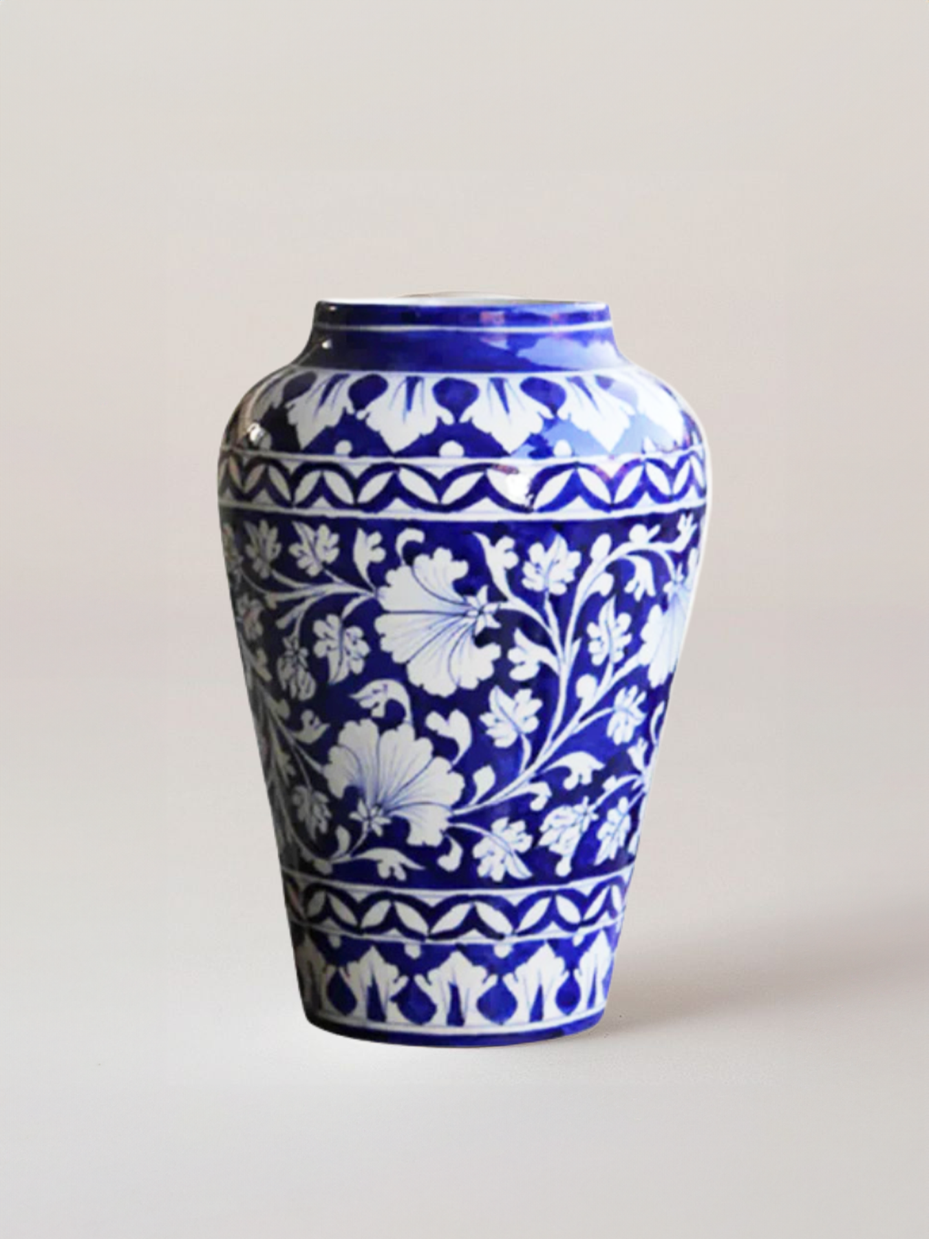 Handmade Jaipur Blue Pottery Quartz Stone Powder 10 Inch Handiya Flower Vase with White Floral Design | Decorative Flower Vase