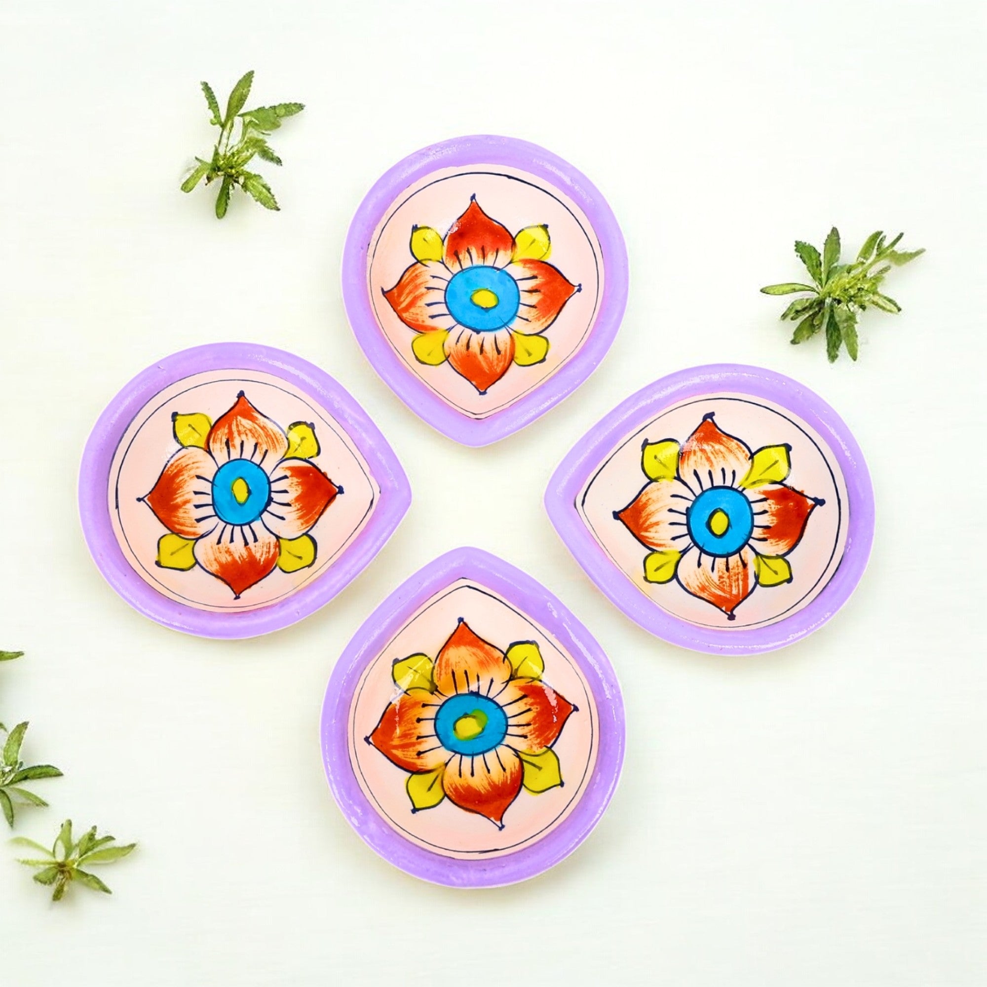 Hand-Painted Ceramic Diyas - Set of 4 - Lavender
